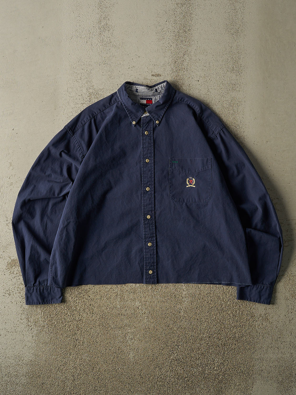 Vintage 90s Navy Blue Tommy Hilfiger Cropped Button Up Long Sleeve (M)