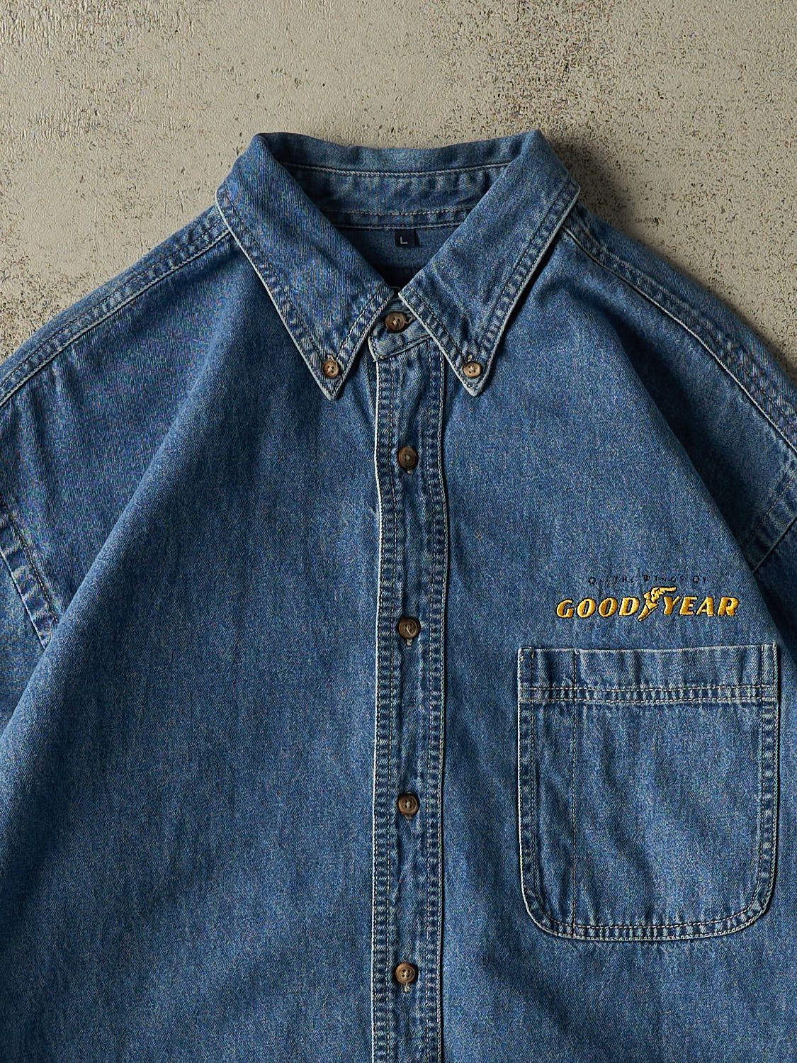Vintage 90s Mid Wash Goodyear Embroidered Denim Cropped Button Up Long Sleeve (M/L)