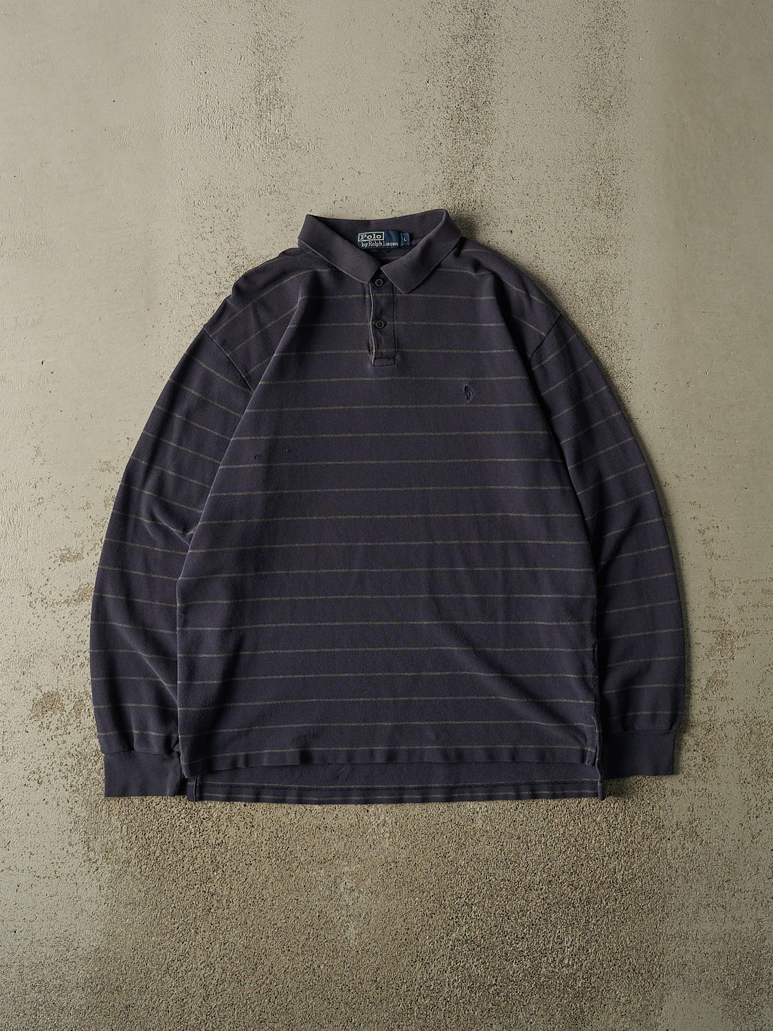 Vintage 90s Navy Blue Polo Striped Quarter Button Long Sleeve (L)