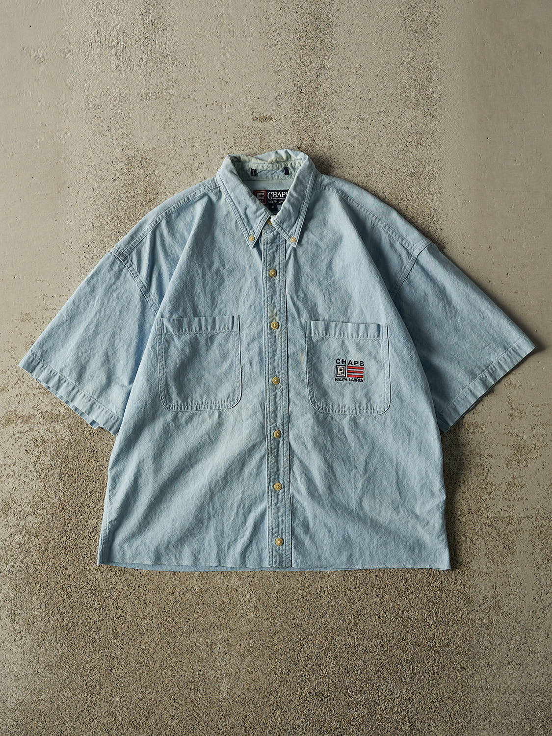 Vintage 90s Light Wash Chaps Ralph Lauren Cropped Button Up Tee (S/M)