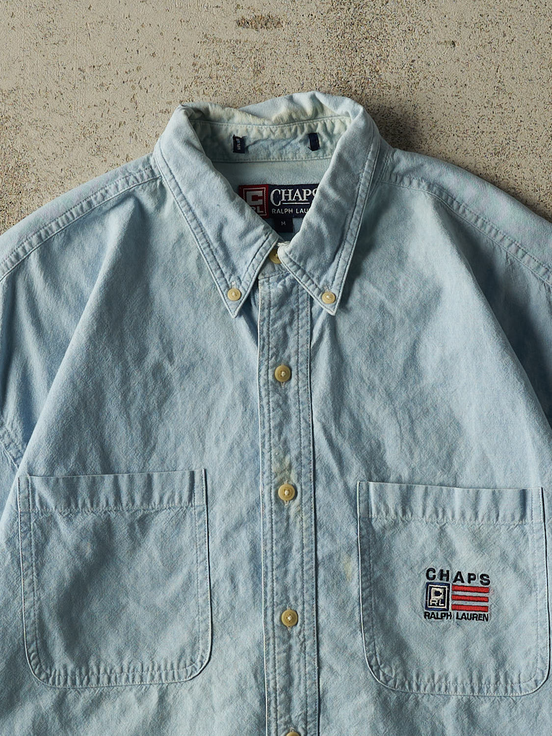 Vintage 90s Light Wash Chaps Ralph Lauren Cropped Button Up Tee (S/M)