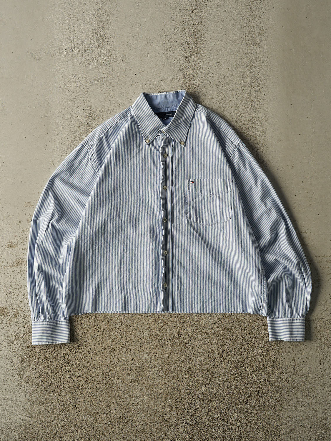 Vintage Y2K Blue Tommy Hilfiger Cropped Button Up Long Sleeve (S/M)