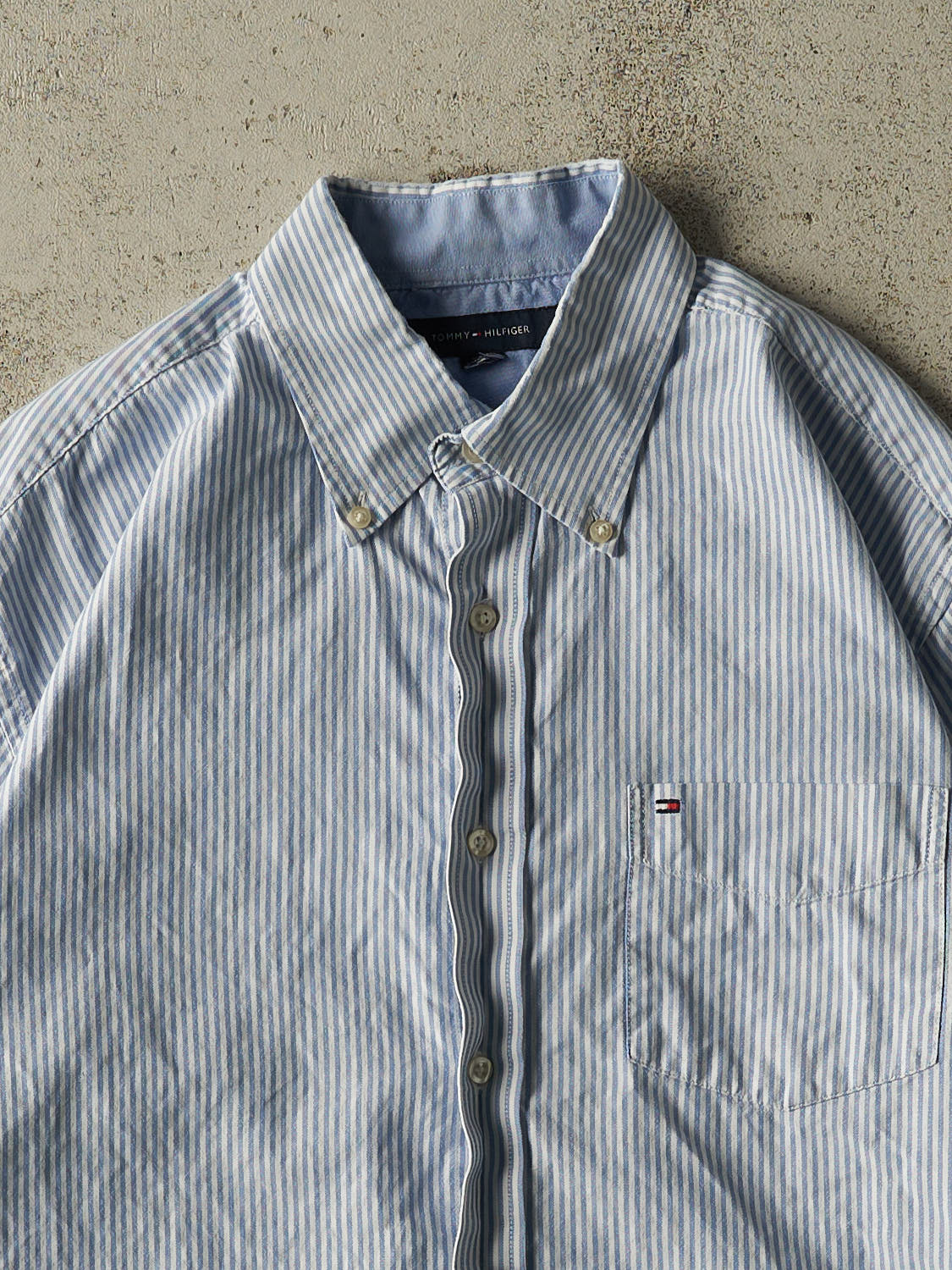 Vintage Y2K Blue Tommy Hilfiger Cropped Button Up Long Sleeve (S/M)