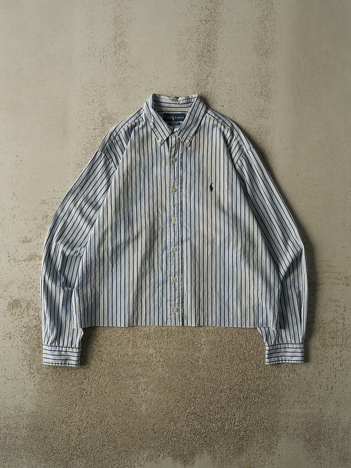 Vintage 90s Blue Polo Striped Cropped Button Up Long Sleeve (L)