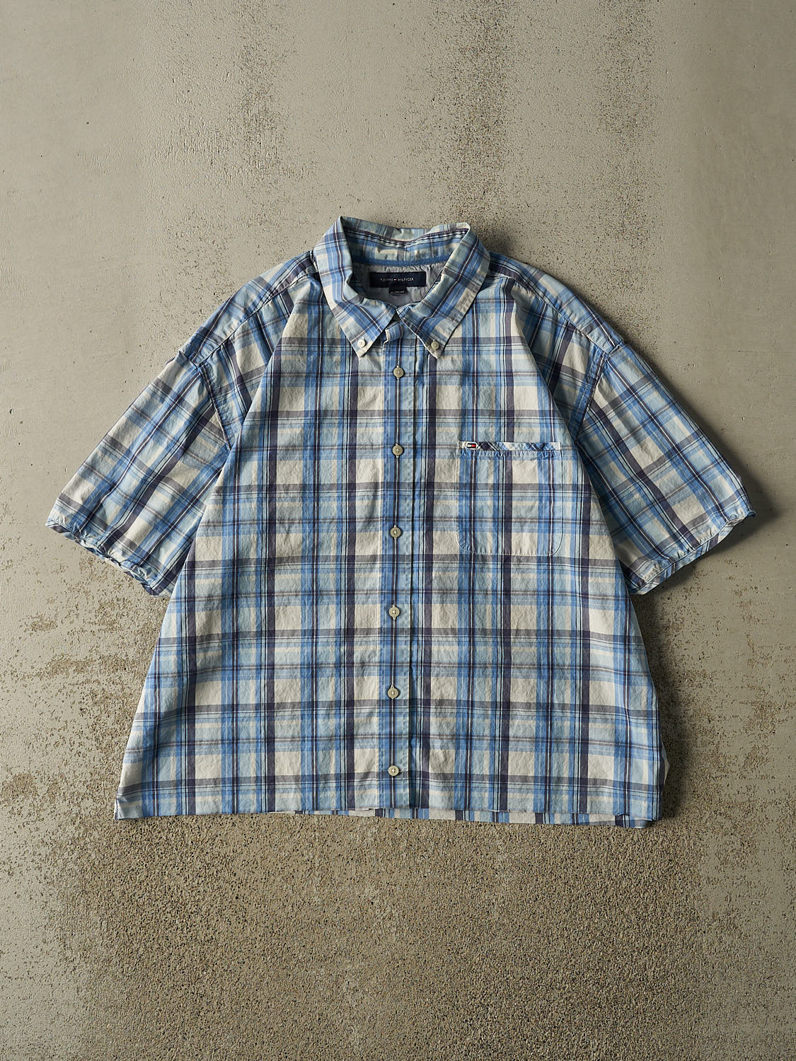 Vintage Y2K Blue Tommy Hilfiger Cropped Button Up Tee (L/XL)