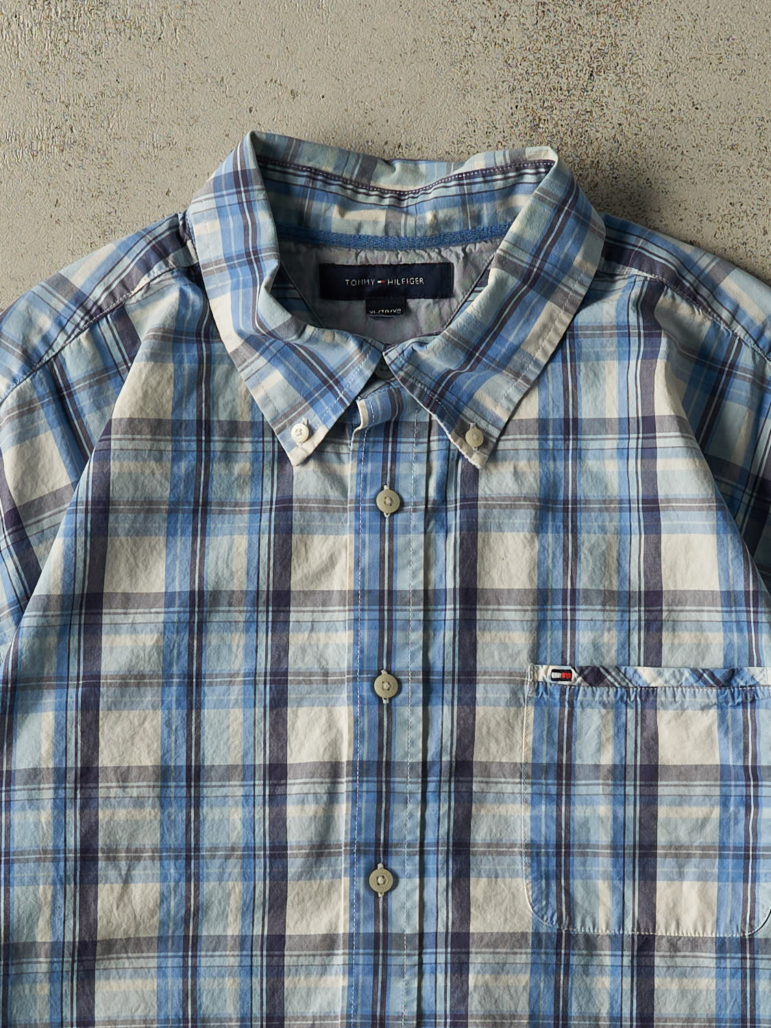 Vintage Y2K Blue Tommy Hilfiger Cropped Button Up Tee (L/XL)