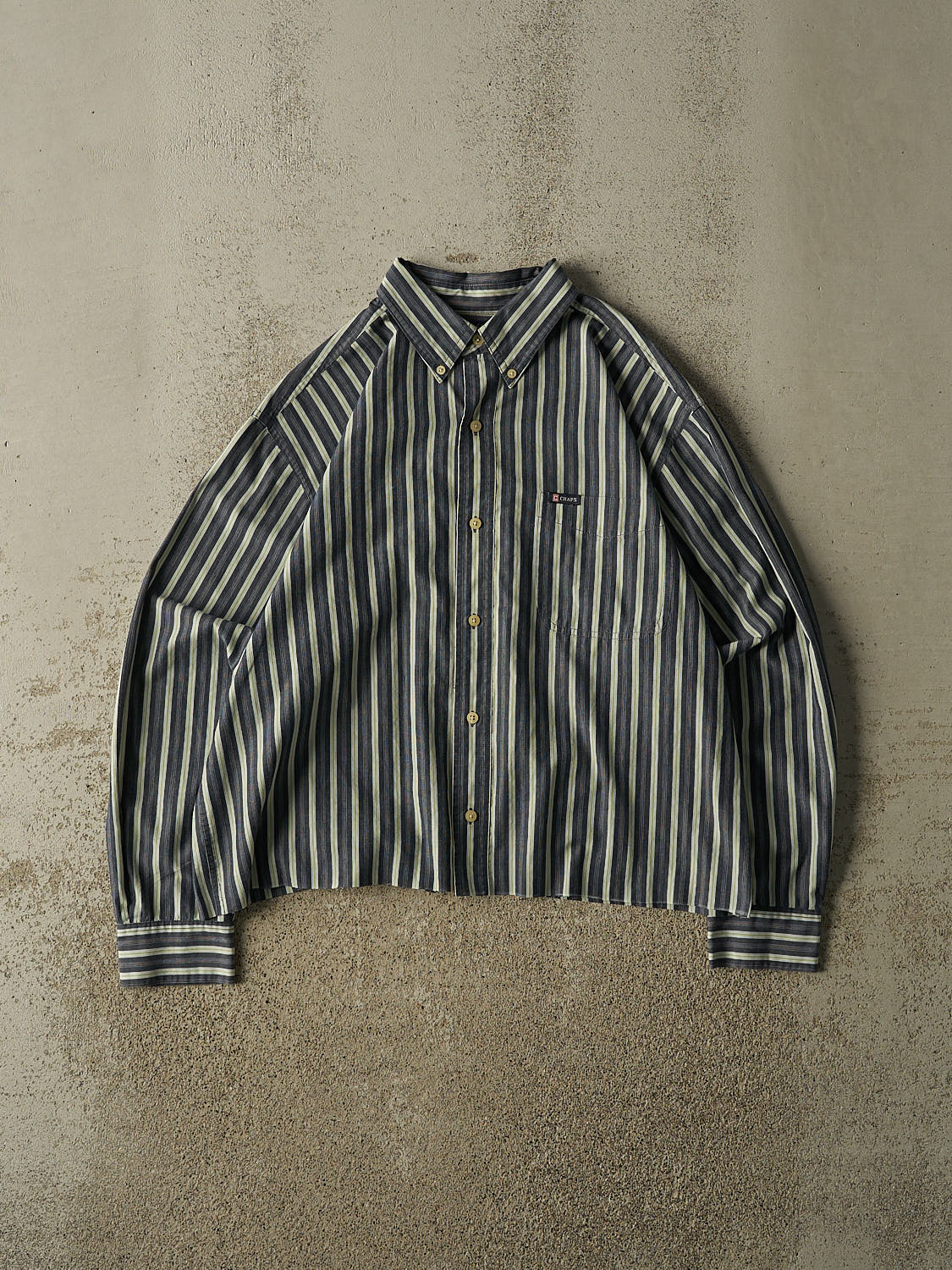 Vintage Y2K Grey Chaps Striped Cropped Button Up Long Sleeve (M)