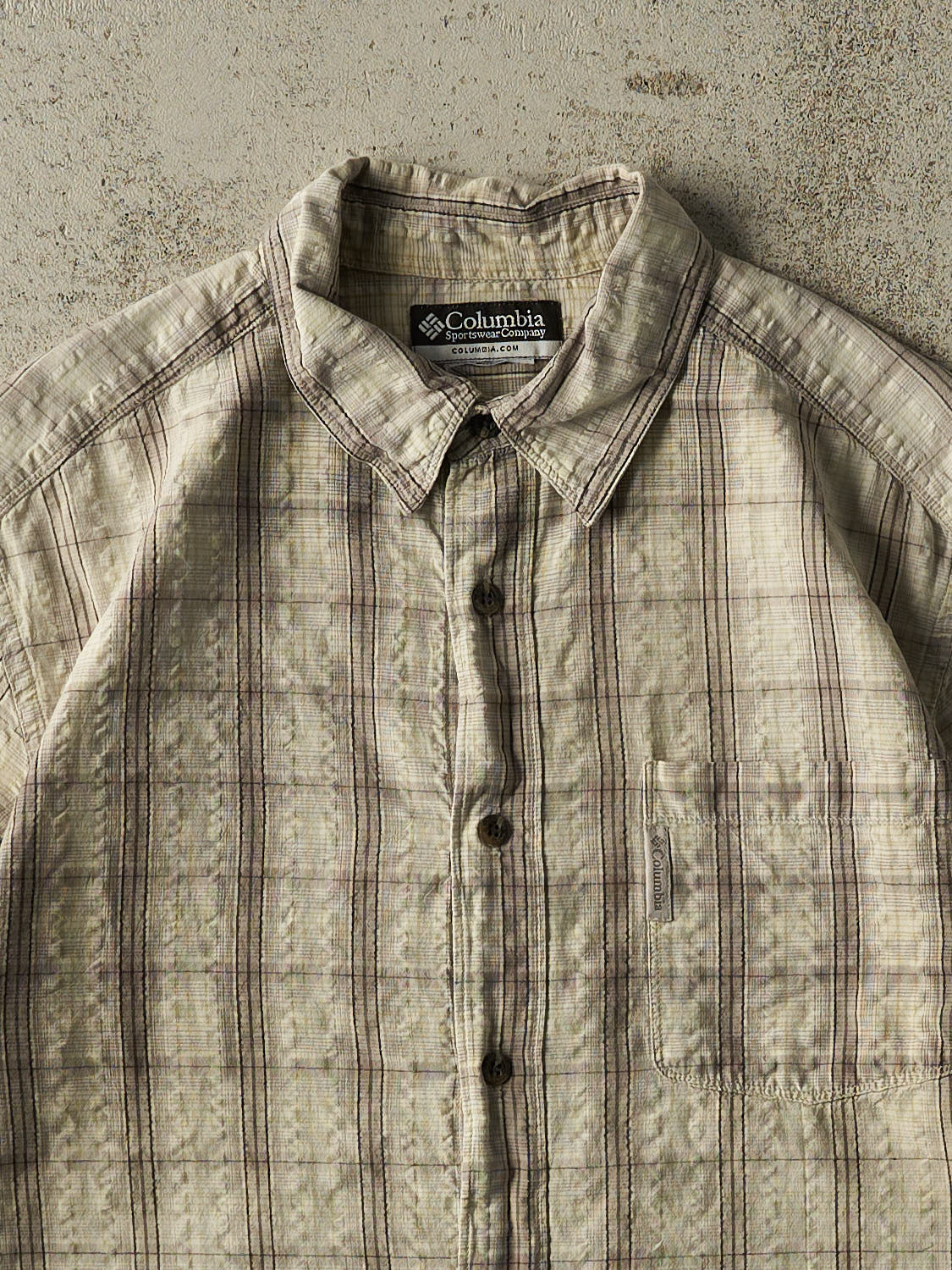 Vintage Y2K Beige Columbia Striped Cropped Button Up Tee (S/M)