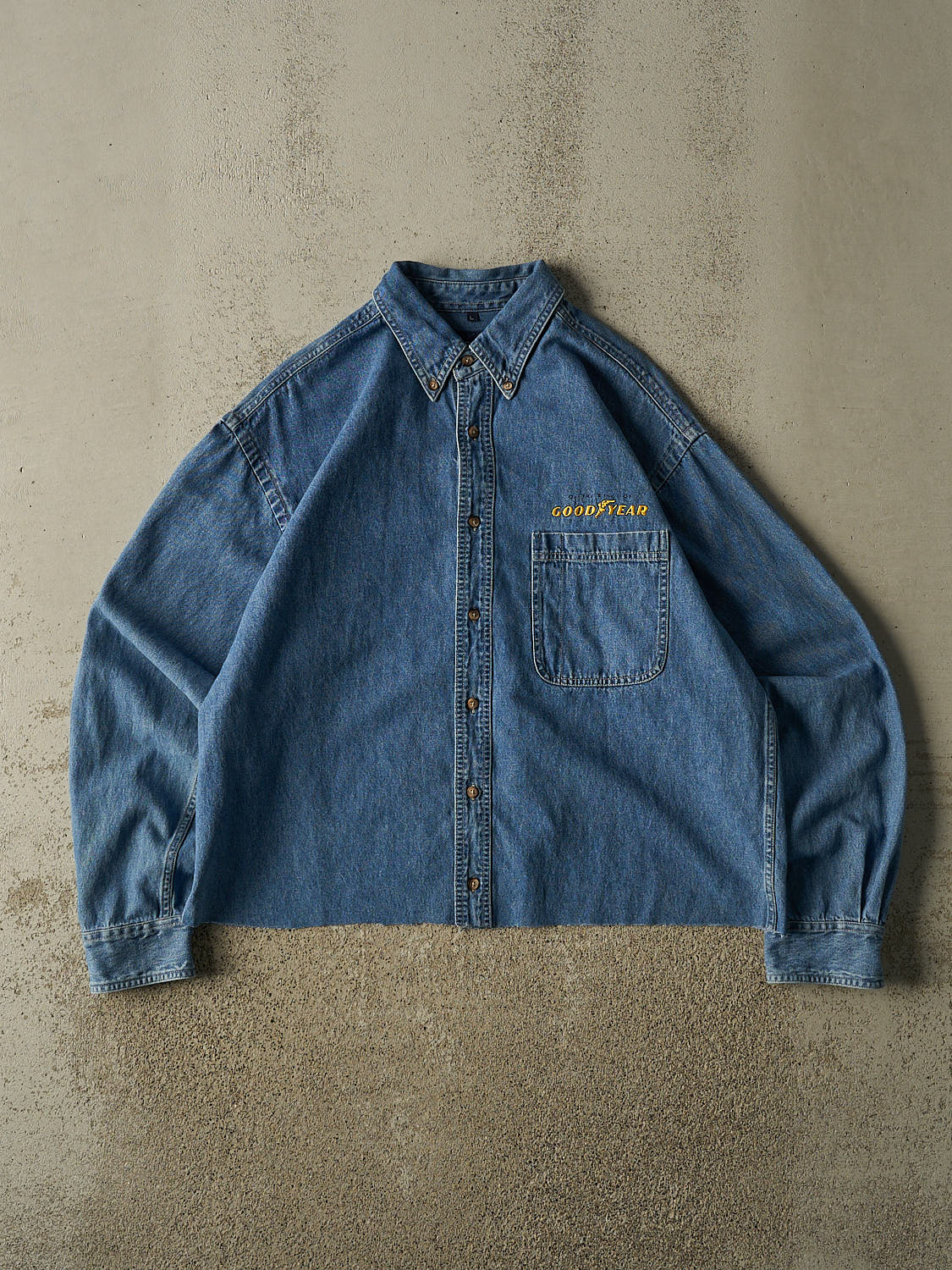 Vintage 90s Mid Wash Goodyear Embroidered Denim Cropped Button Up Long Sleeve (M/L)
