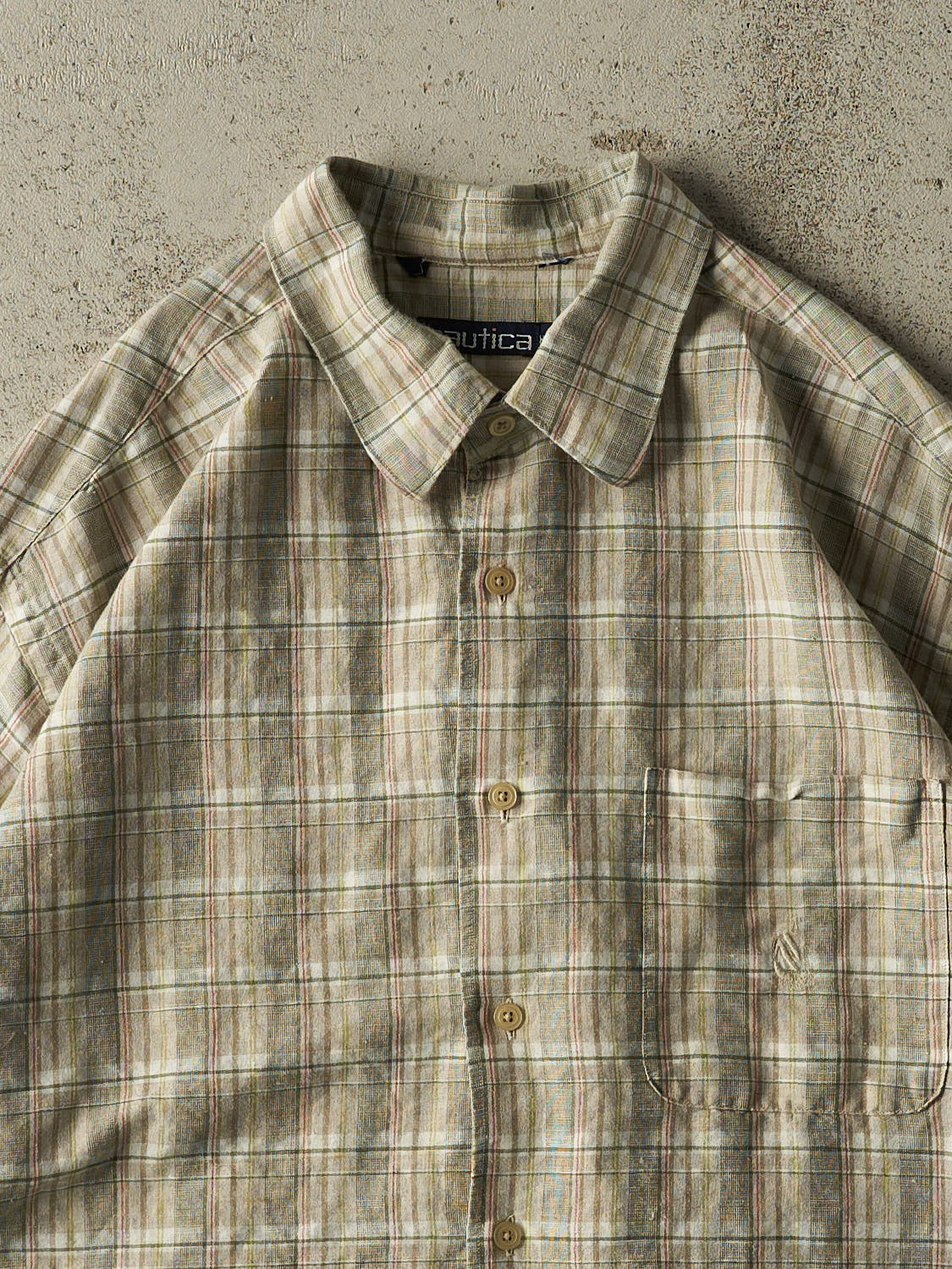 Vintage 90s Beige Nautica Cropped Button Up Tee (XL)