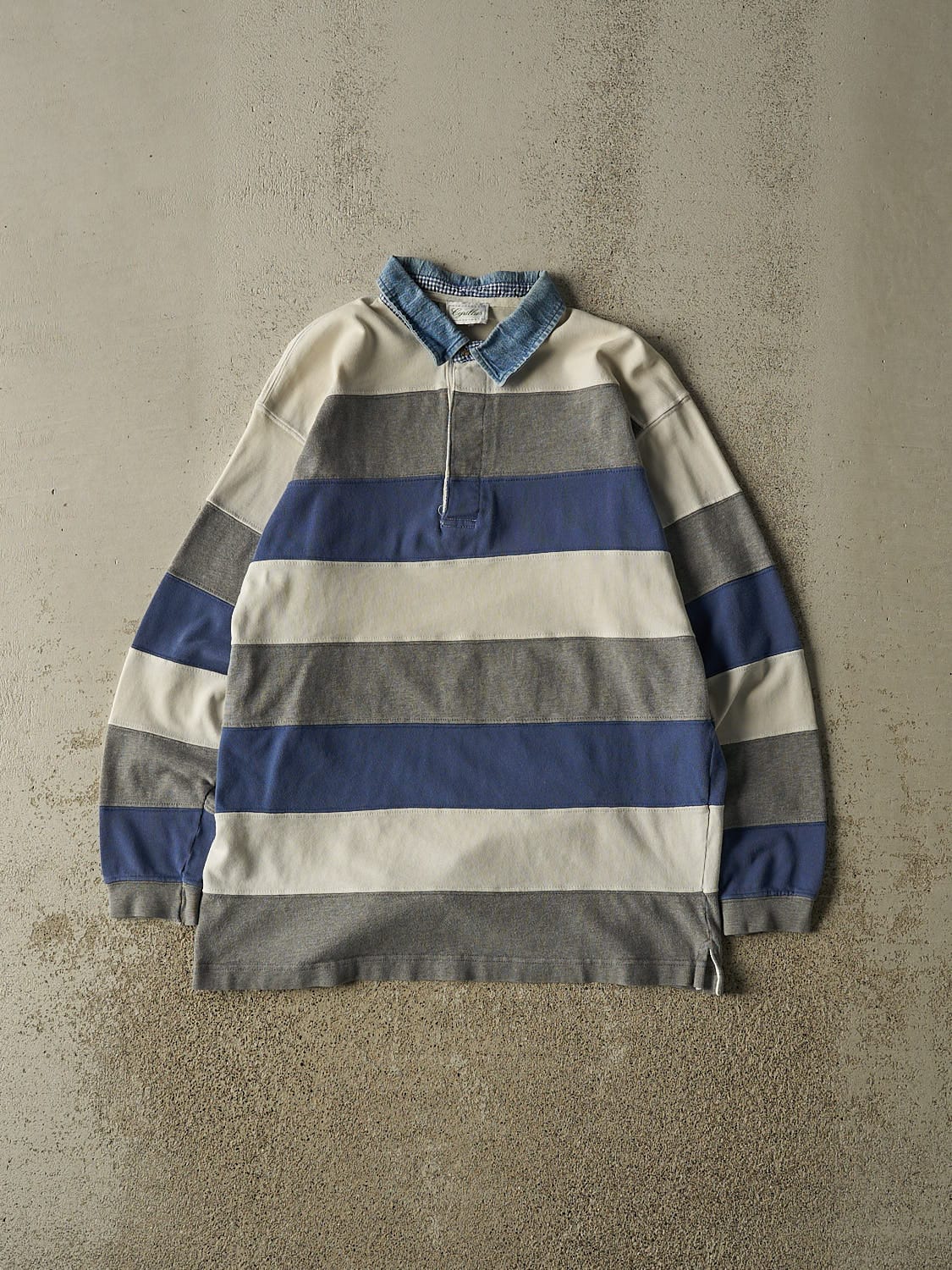 Vintage 90s White Striped Quarter Button Long Sleeve (M/L)