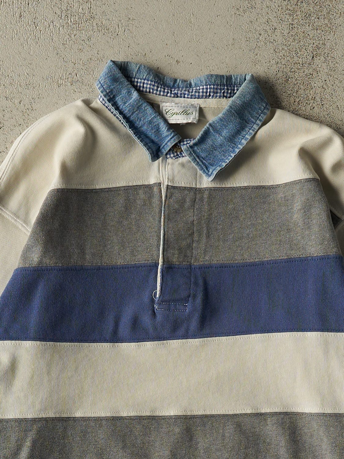 Vintage 90s White Striped Quarter Button Long Sleeve (M/L)