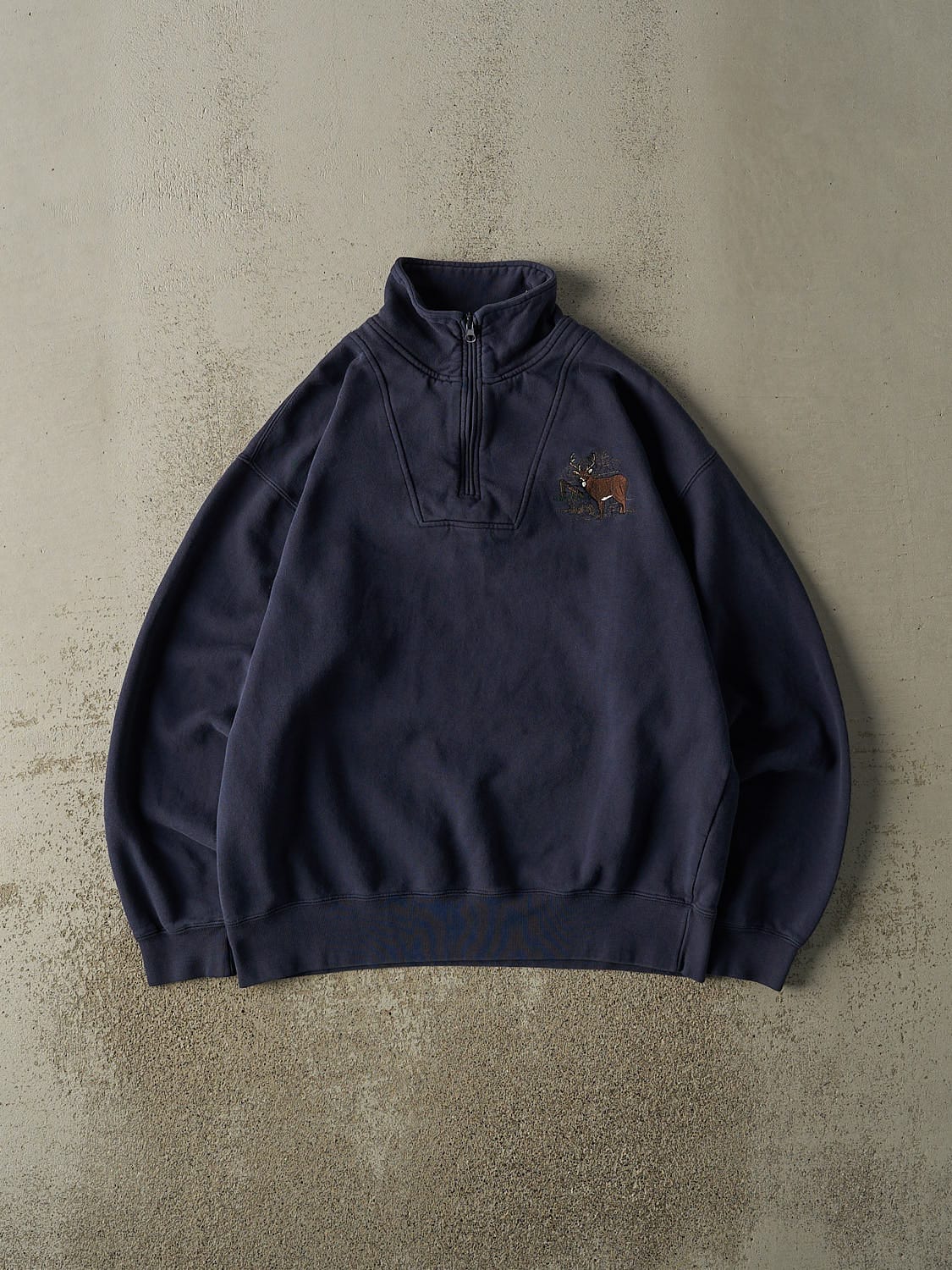 Vintage 90s Navy Blue Deer Embroidered Quarter Zip Sweater (M/L)