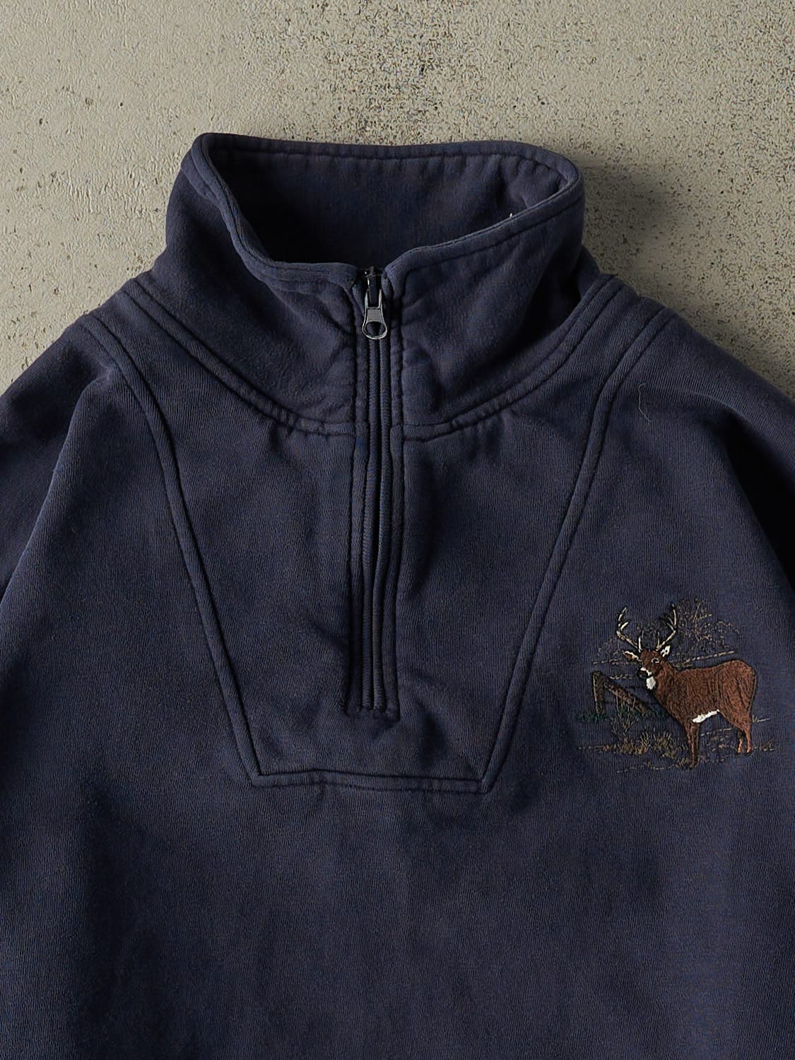 Vintage 90s Navy Blue Deer Embroidered Quarter Zip Sweater (M/L)