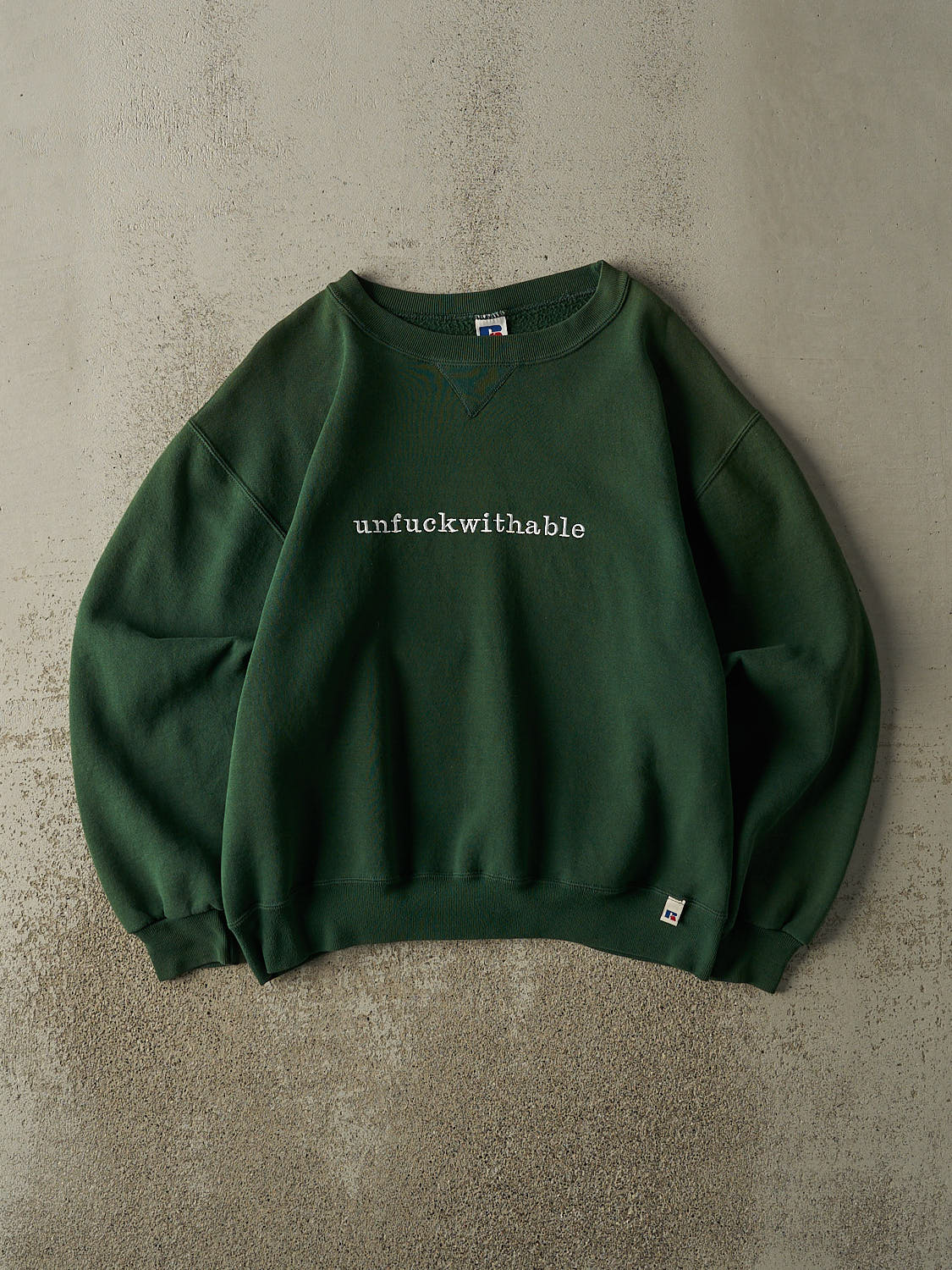 Vintage 90s Green Russell Athletic "Unfuckwithable" Embroidered Slogan Crewneck (M/L)