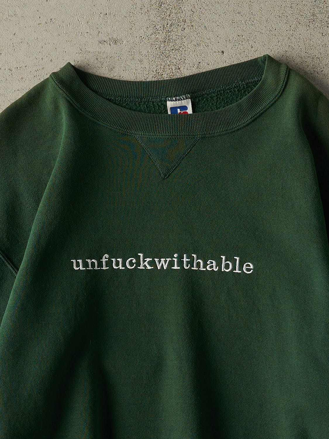 Vintage 90s Green Russell Athletic "Unfuckwithable" Embroidered Slogan Crewneck (M/L)