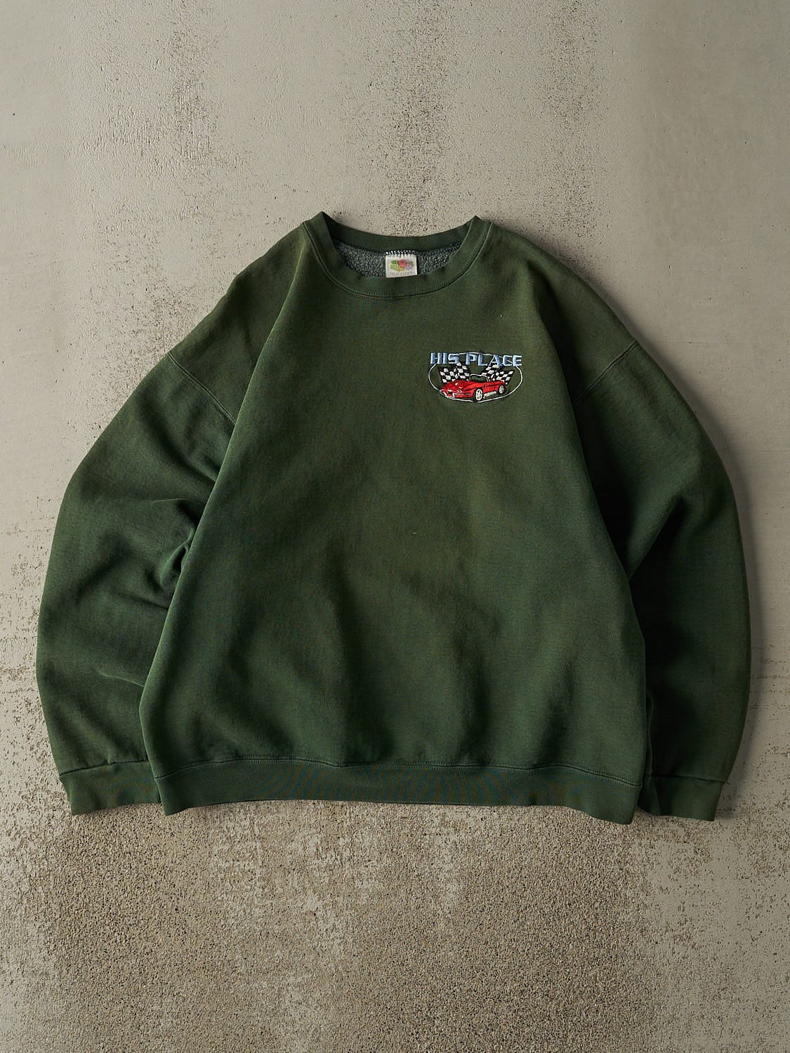 Vintage 90s Sun Faded Green Embroidered Car Crewneck (M/L)