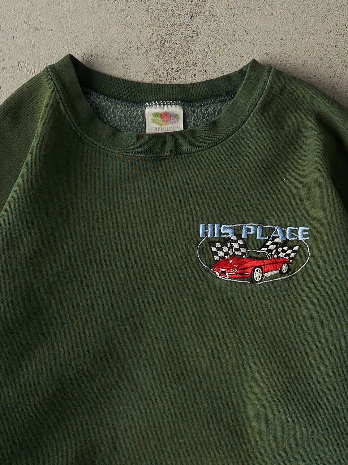 Vintage 90s Sun Faded Green Embroidered Car Crewneck (M/L)