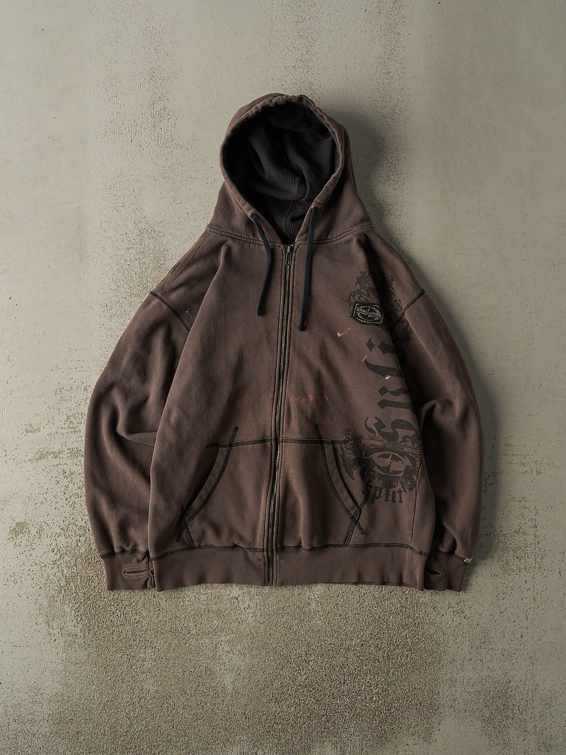 Vintage Y2K Sun Faded Brown Split Embroidered Zip Up Hoodie (M/L)