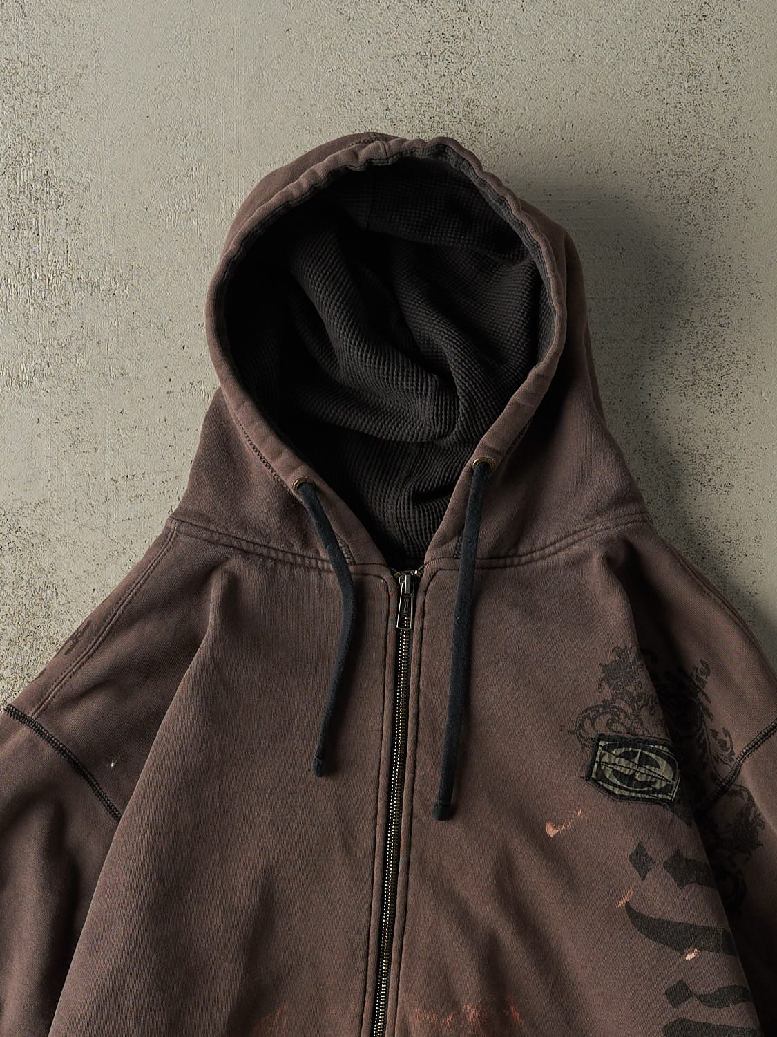 Vintage Y2K Sun Faded Brown Split Embroidered Zip Up Hoodie (M/L)