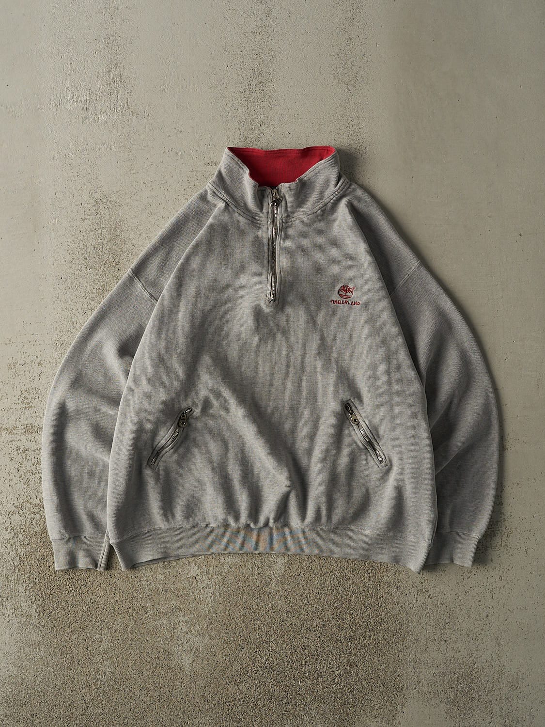 Vintage 90s Grey Timberland Embroidered Quarter Zip Sweater (L)
