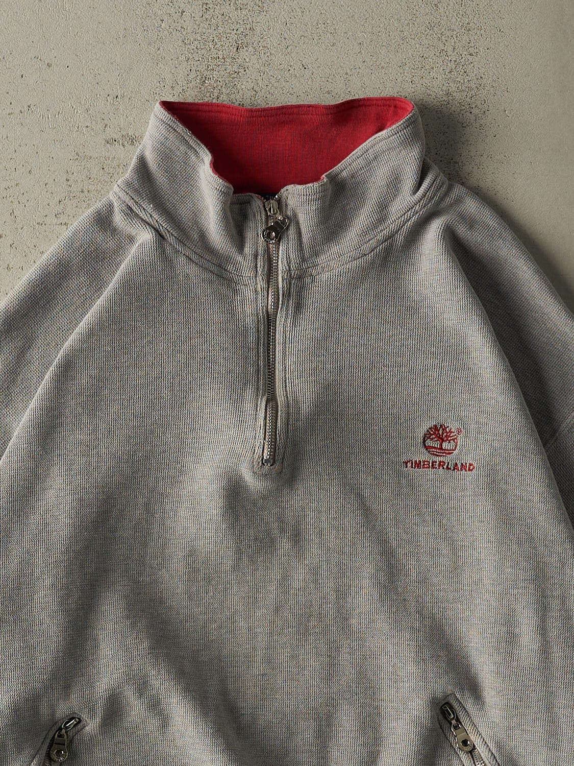 Vintage 90s Grey Timberland Embroidered Quarter Zip Sweater (L)