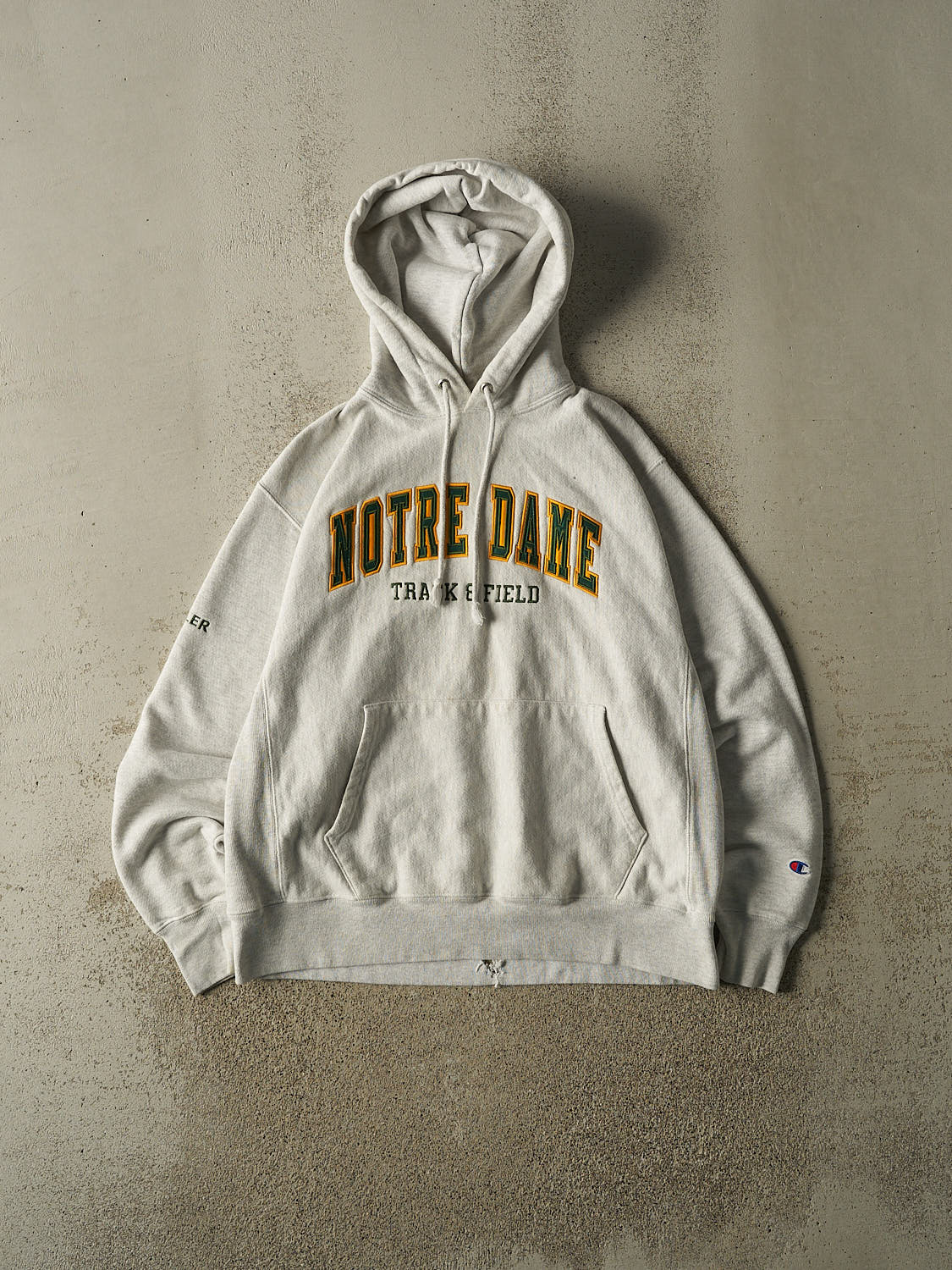 Vintage 90s Heather Grey Champion Reverse Weave University of Notre Dame Track & Field Hoodie (M/L)