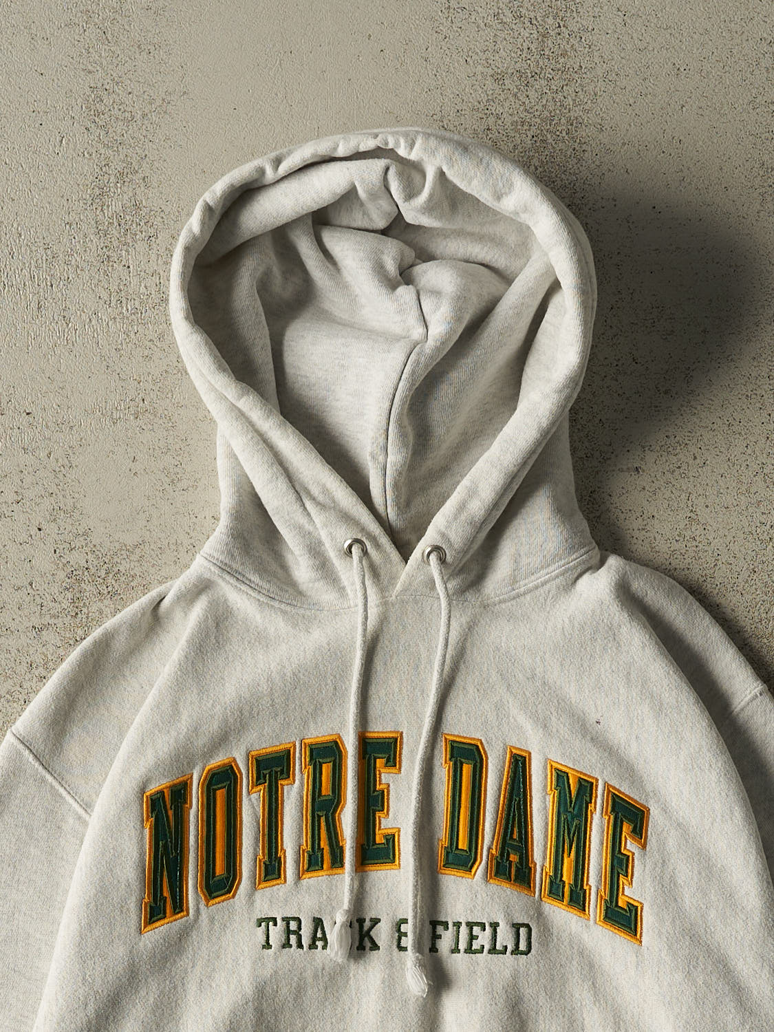 Vintage 90s Heather Grey Champion Reverse Weave University of Notre Dame Track & Field Hoodie (M/L)