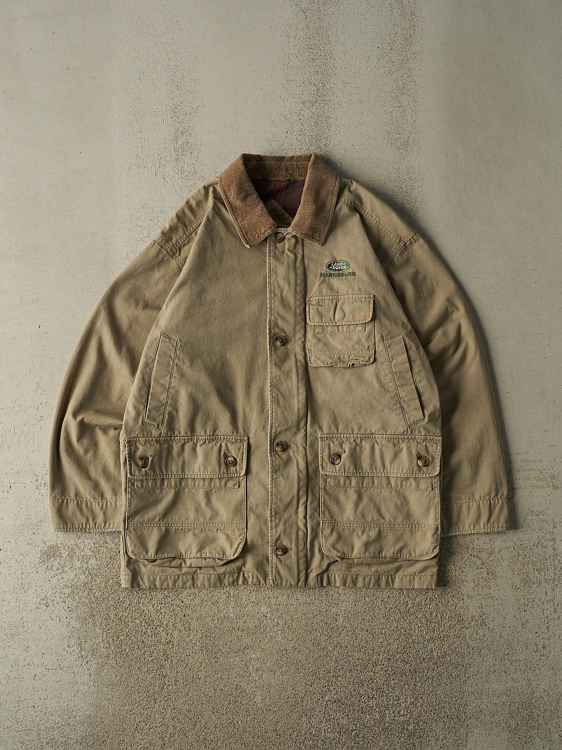 Vintage 90s Beige Land Rover Harrisburg Embroidered Flannel Lined Chore Jacket (XL)