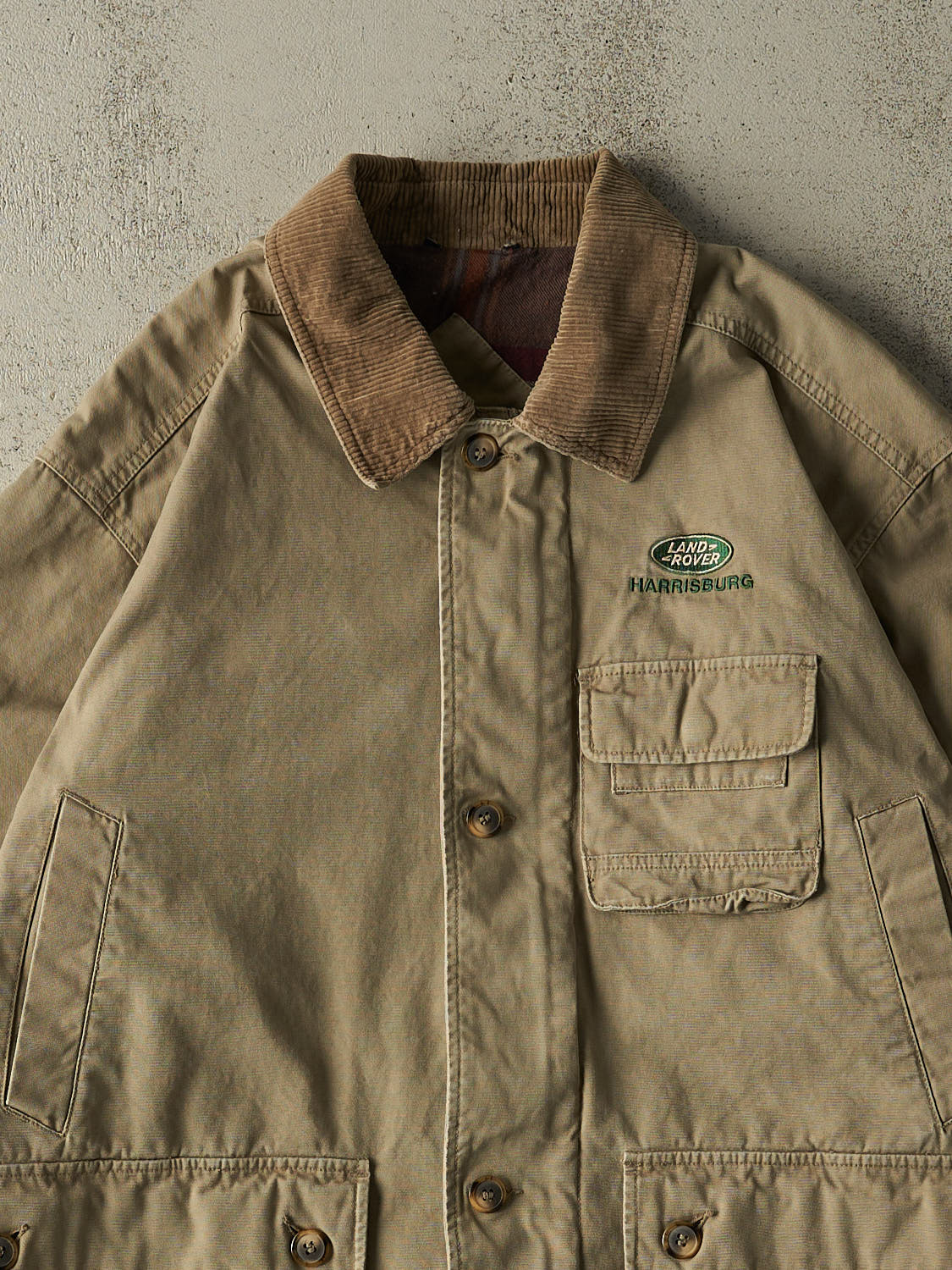 Vintage 90s Beige Land Rover Harrisburg Embroidered Flannel Lined Chore Jacket (XL)
