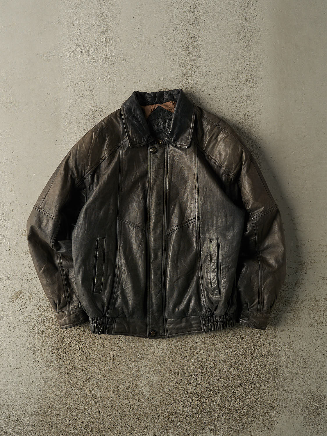 Vintage 90s Sun Faded Black Leather Bomber Jacket (M)