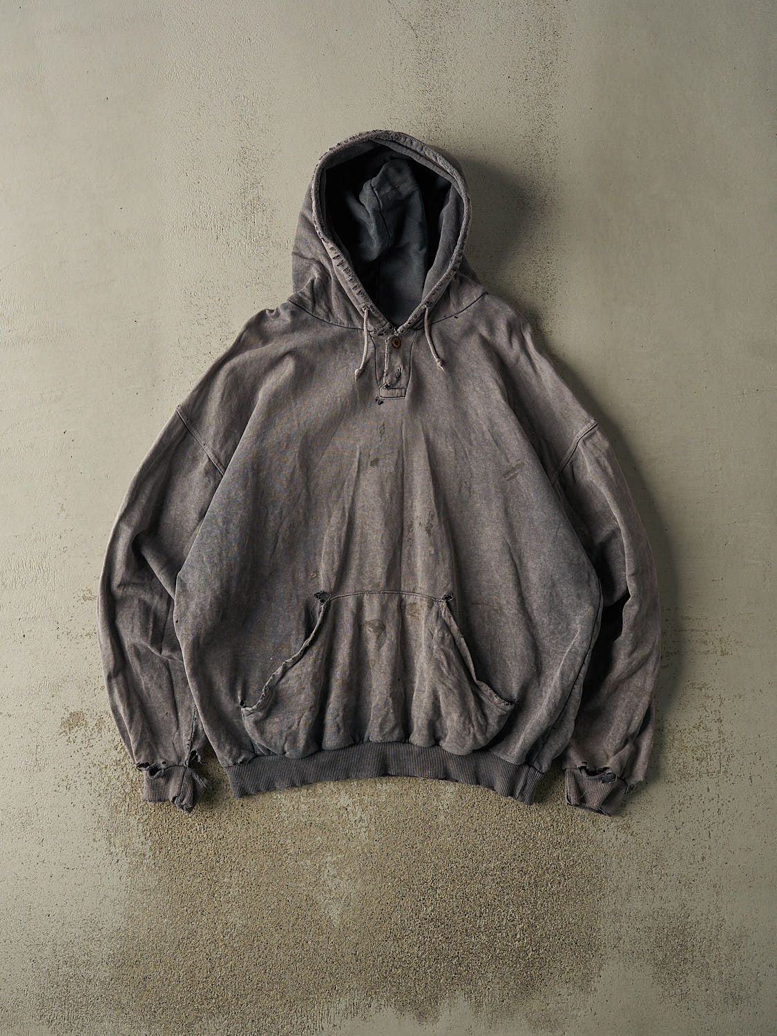 Vintage 90s Washed Charcoal Grey Blank Distressed Quarter Button Hoodie (XL/XXL)
