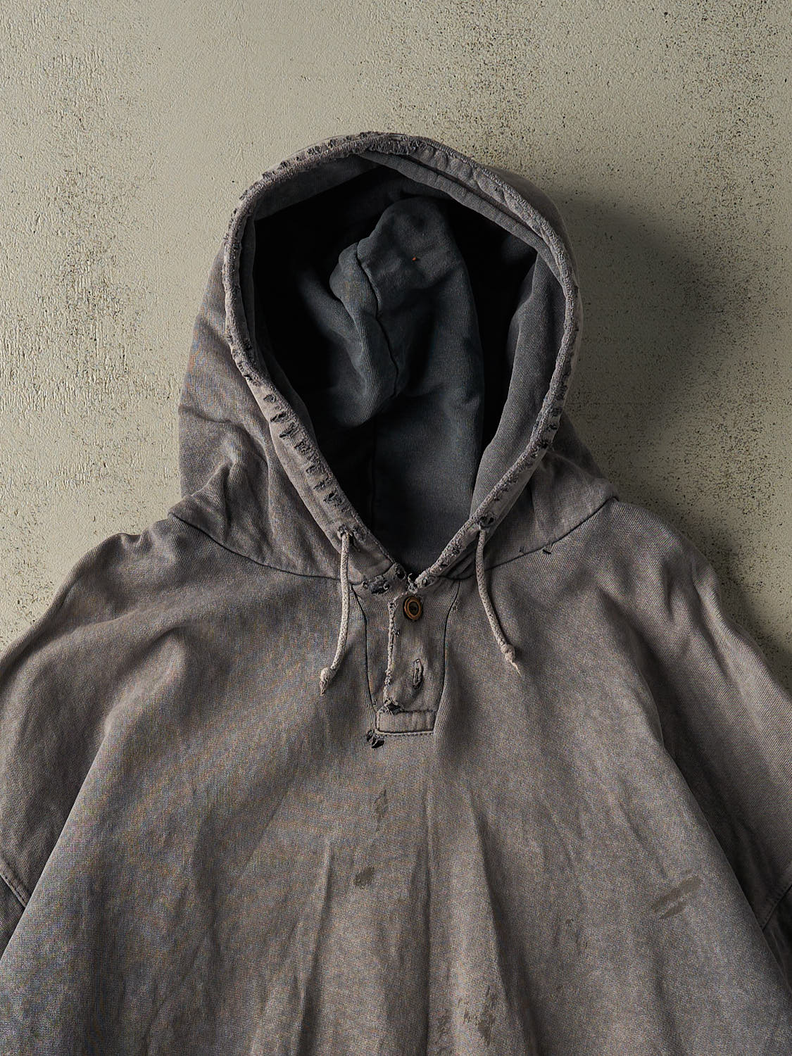 Vintage 90s Washed Charcoal Grey Blank Distressed Quarter Button Hoodie (XL/XXL)