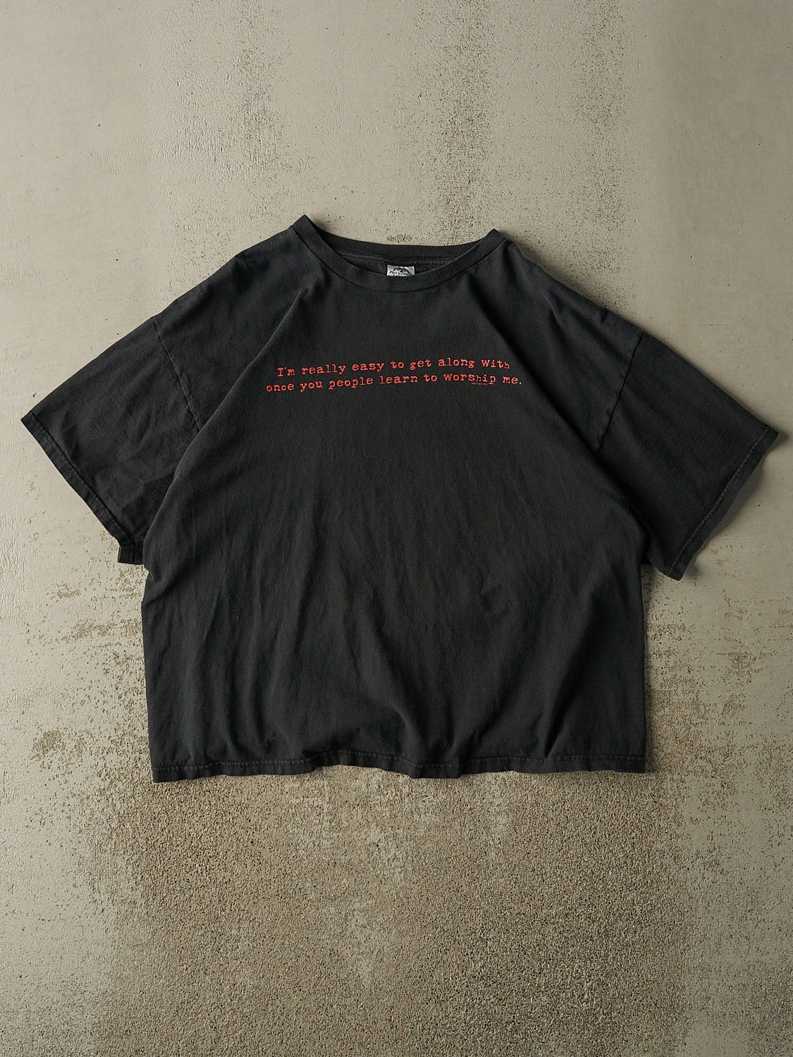 Vintage Y2K Faded Black "Worship Me" Slogan Tee (L/XL)