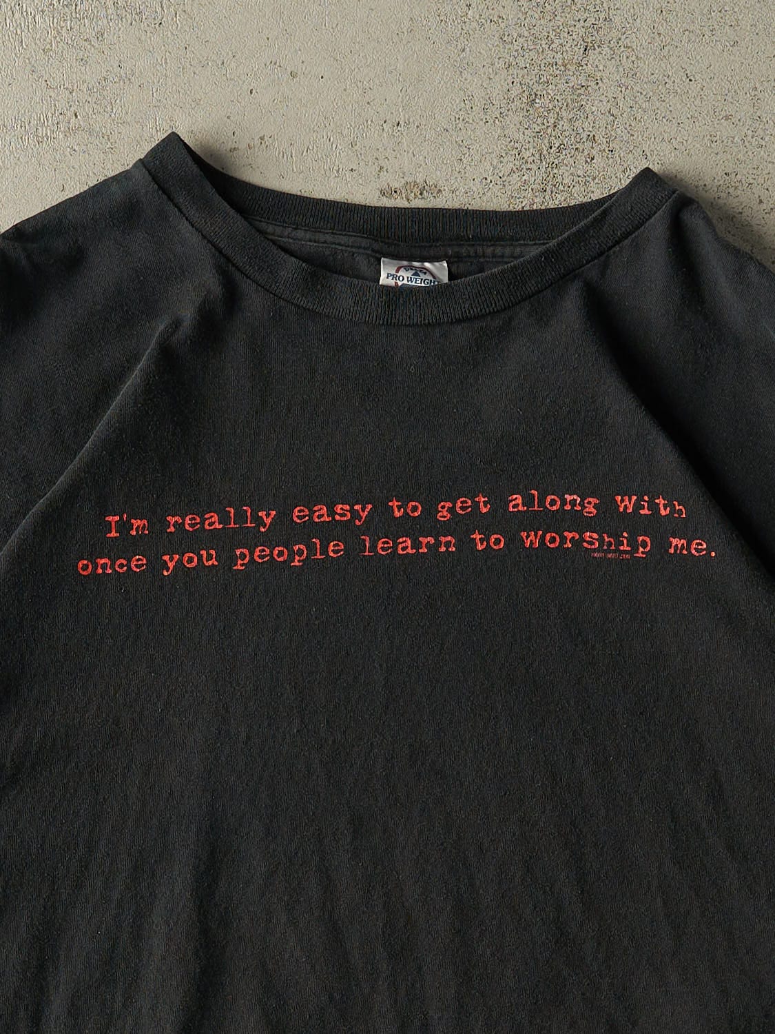 Vintage Y2K Faded Black "Worship Me" Slogan Tee (L/XL)