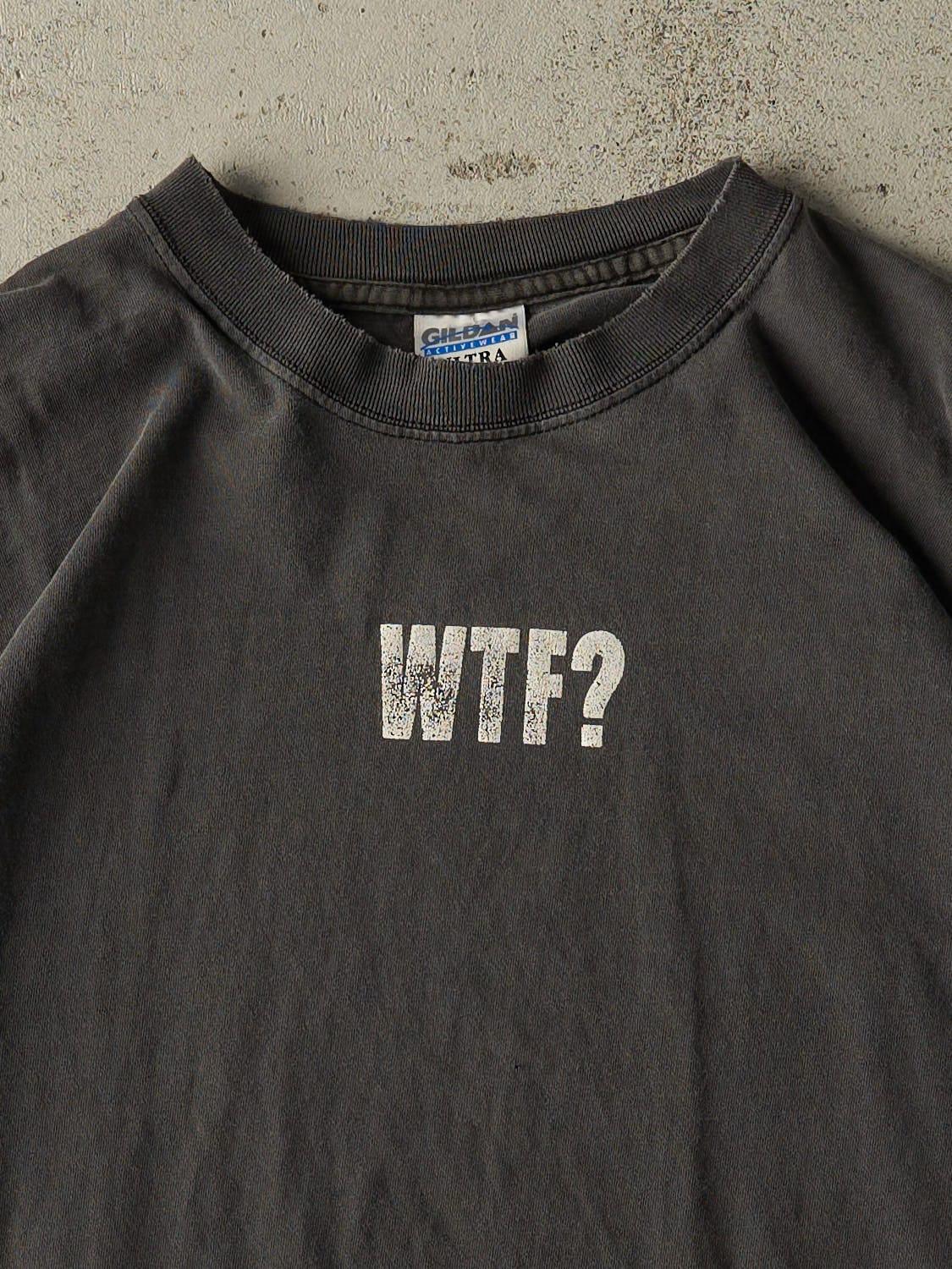 Vintage 90s Faded Black "WTF?" Slogan Tee (M/L)