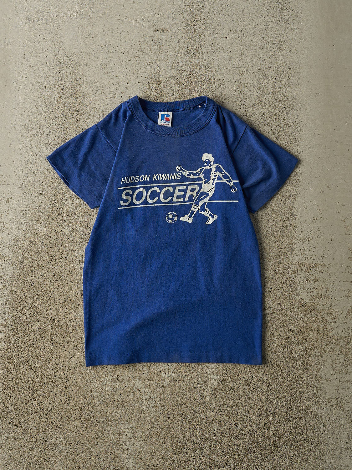 Vintage 80s Blue Russell Athletic Hudson Kiwanis Soccer Single Stitch Tee (XXXS/XXS)