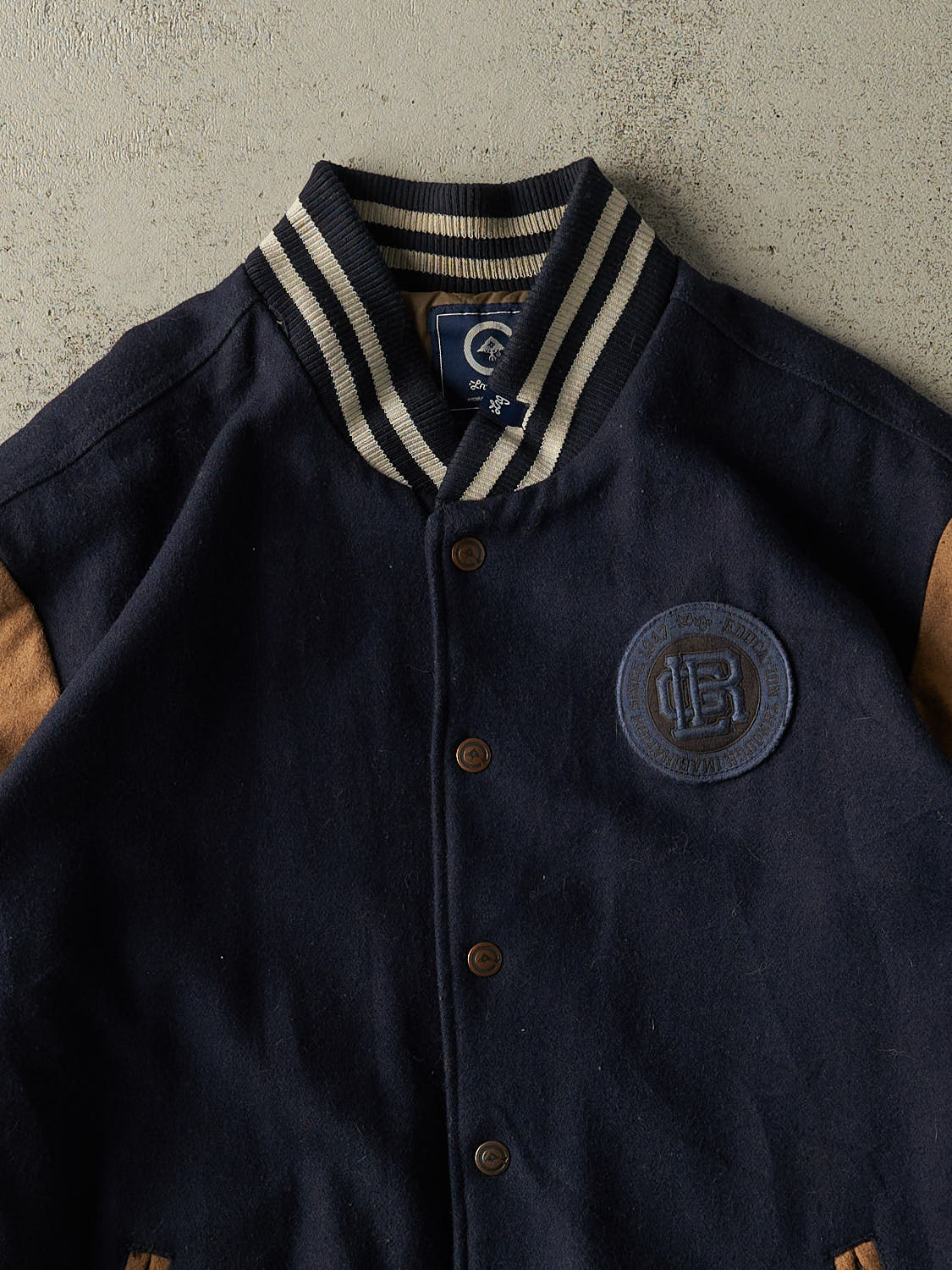 Vintage Y2K Navy Blue & Brown LRG Embroidered Varsity Jacket (XXL)