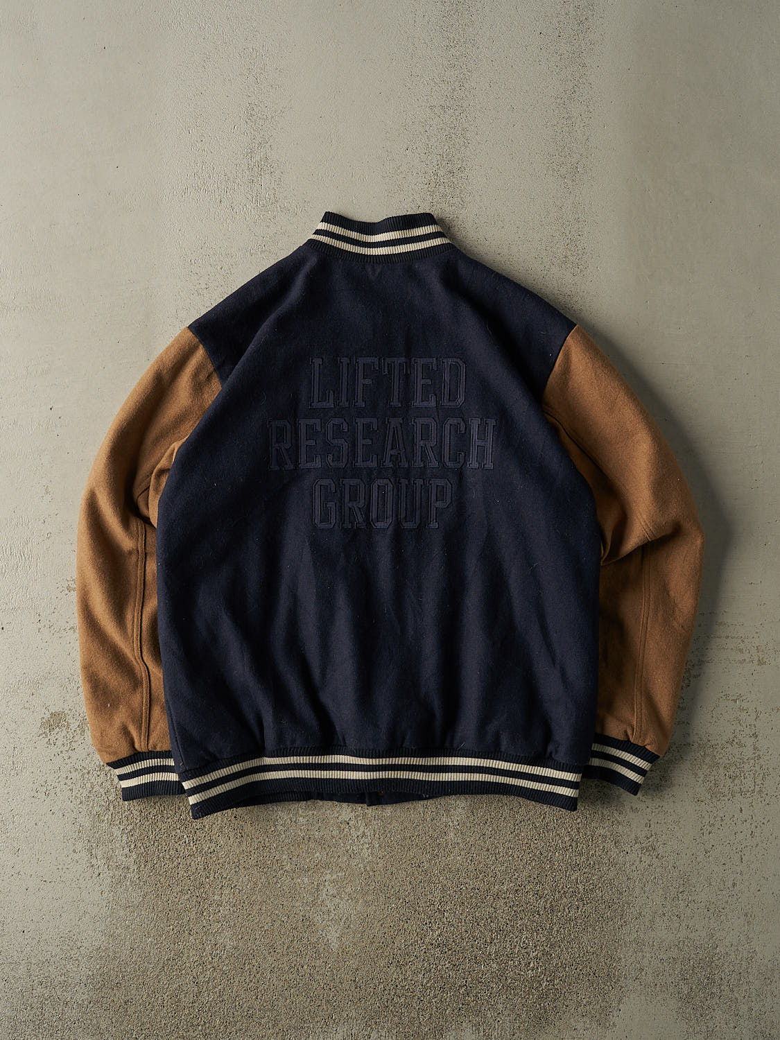 Vintage Y2K Navy Blue & Brown LRG Embroidered Varsity Jacket (XXL)
