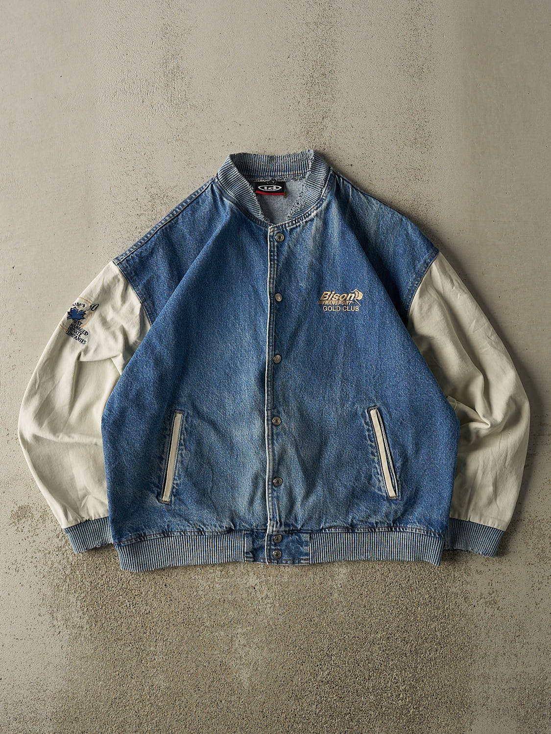 Vintage 90s Mid Wash Denim Embroidered Varsity Jacket (L/XL)