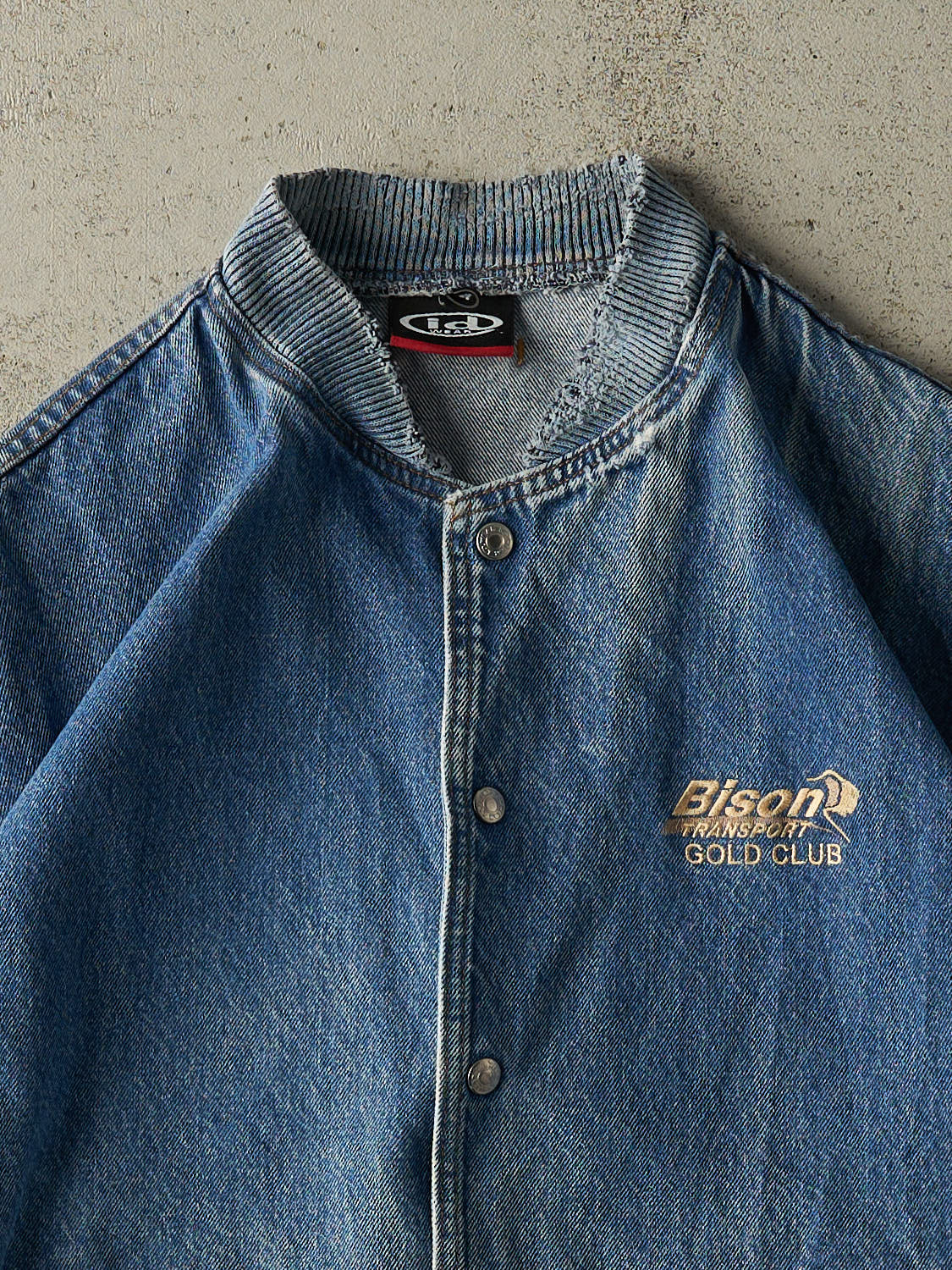 Vintage 90s Mid Wash Denim Embroidered Varsity Jacket (L/XL)