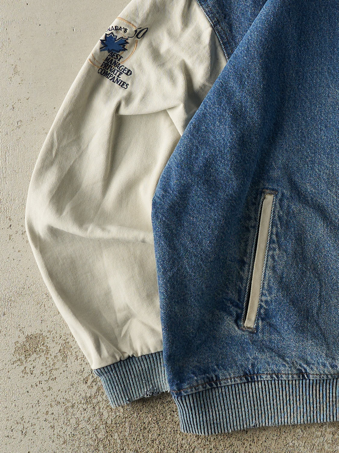 Vintage 90s Mid Wash Denim Embroidered Varsity Jacket (L/XL)
