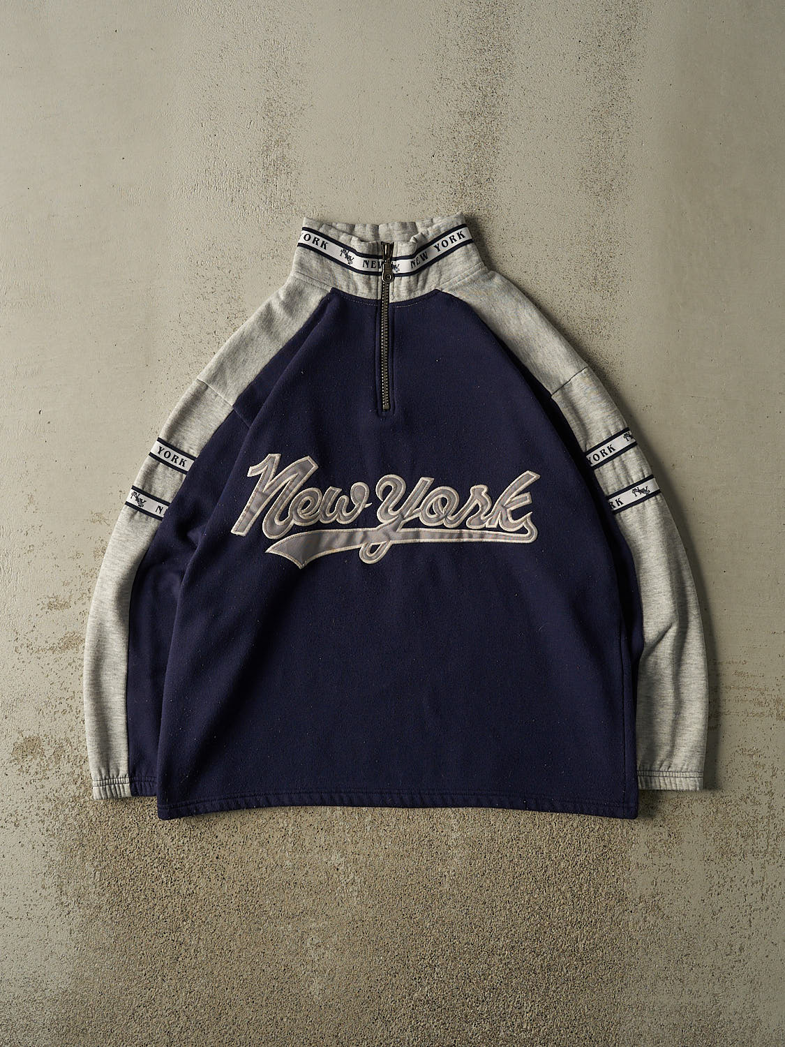 Vintage 90s Navy Blue New York Embroidered Quarter Zip Sweater (L/XL)