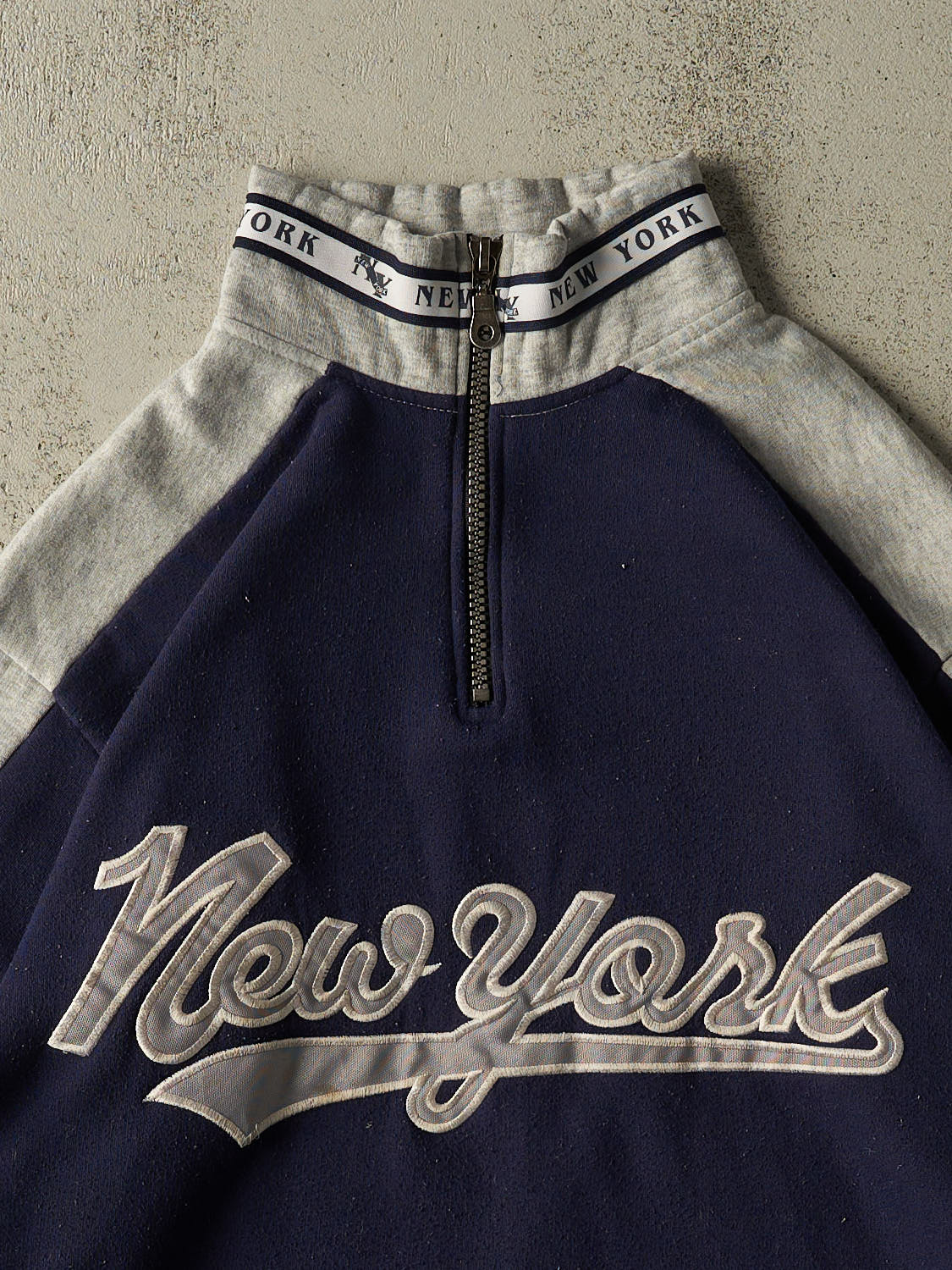 Vintage 90s Navy Blue New York Embroidered Quarter Zip Sweater (L/XL)