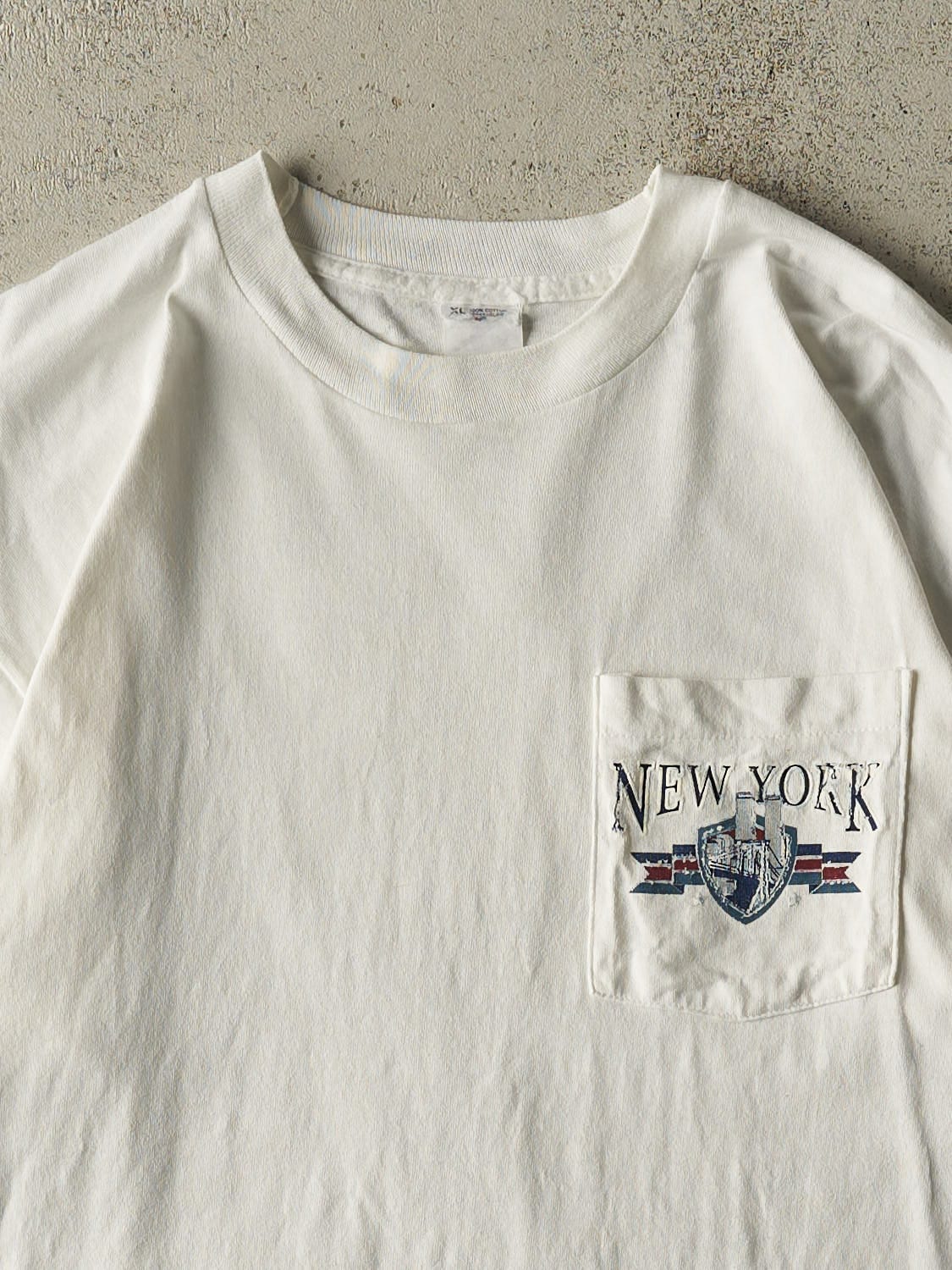Vintage 80s White New York Single Stitch Pocket Tee (L/XL)
