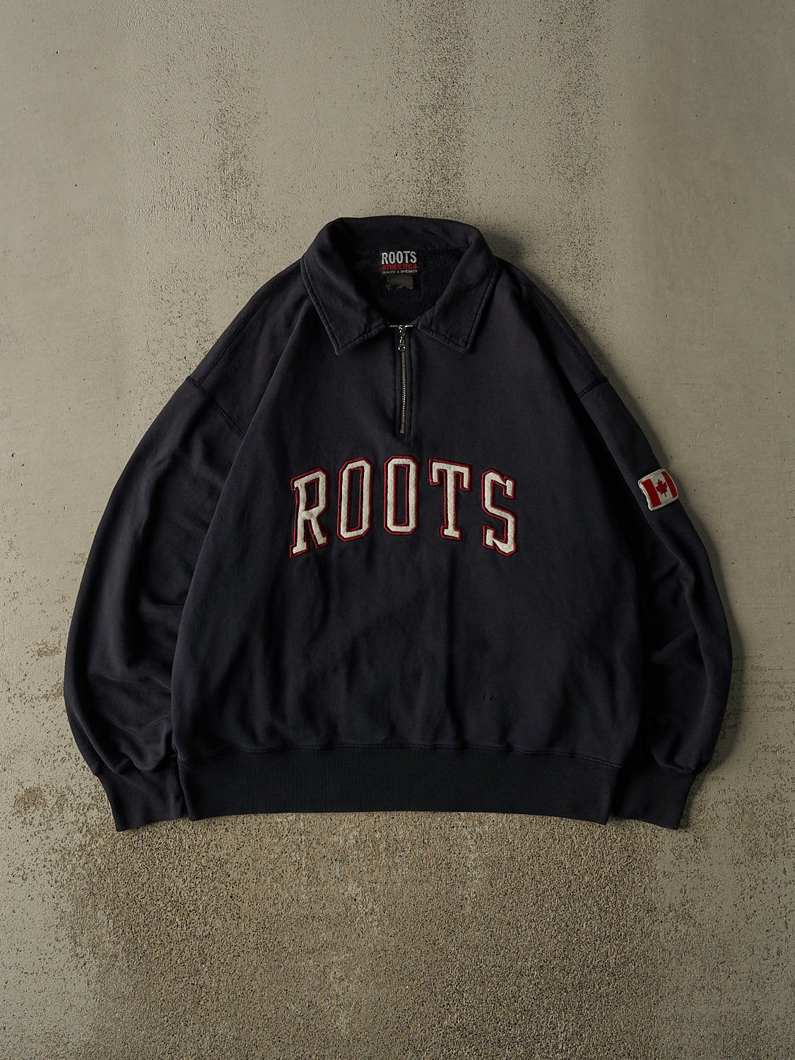 Vintage Y2K Navy Blue Roots Athletic Embroidered Quarter Zip Sweater (XL)