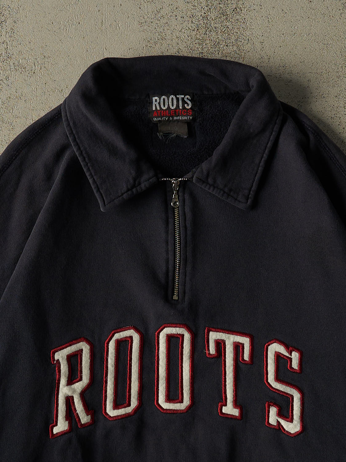 Vintage Y2K Navy Blue Roots Athletic Embroidered Quarter Zip Sweater (XL)