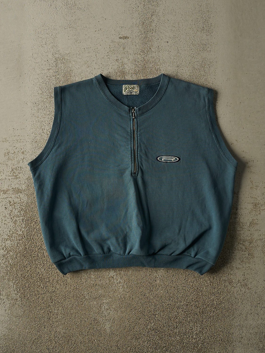 Vintage 90s Teal Roots Embroidered Quarter Zip Sweater Vest (M)