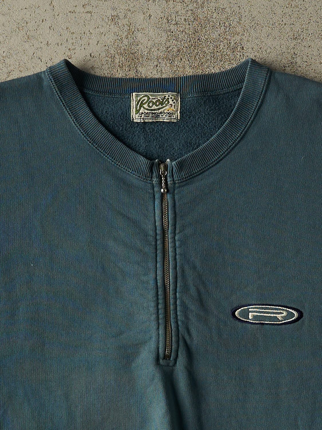 Vintage 90s Teal Roots Embroidered Quarter Zip Sweater Vest (M)