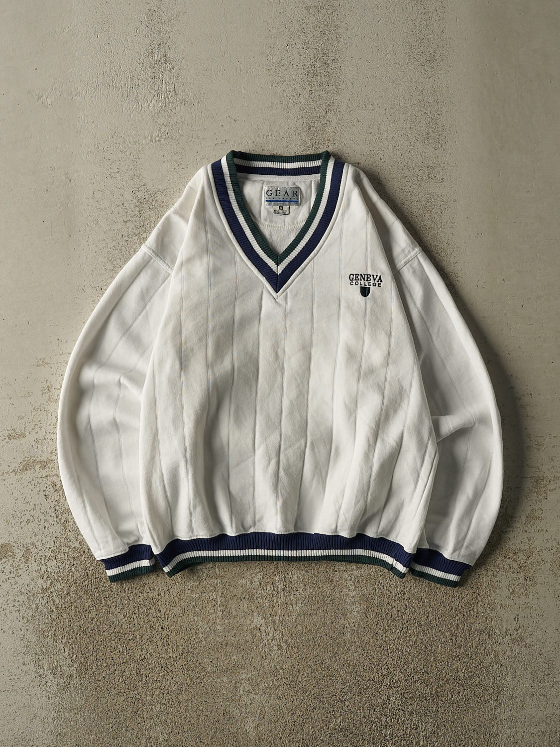 Vintage 90s White Geneva College V Neck Sweater (S)
